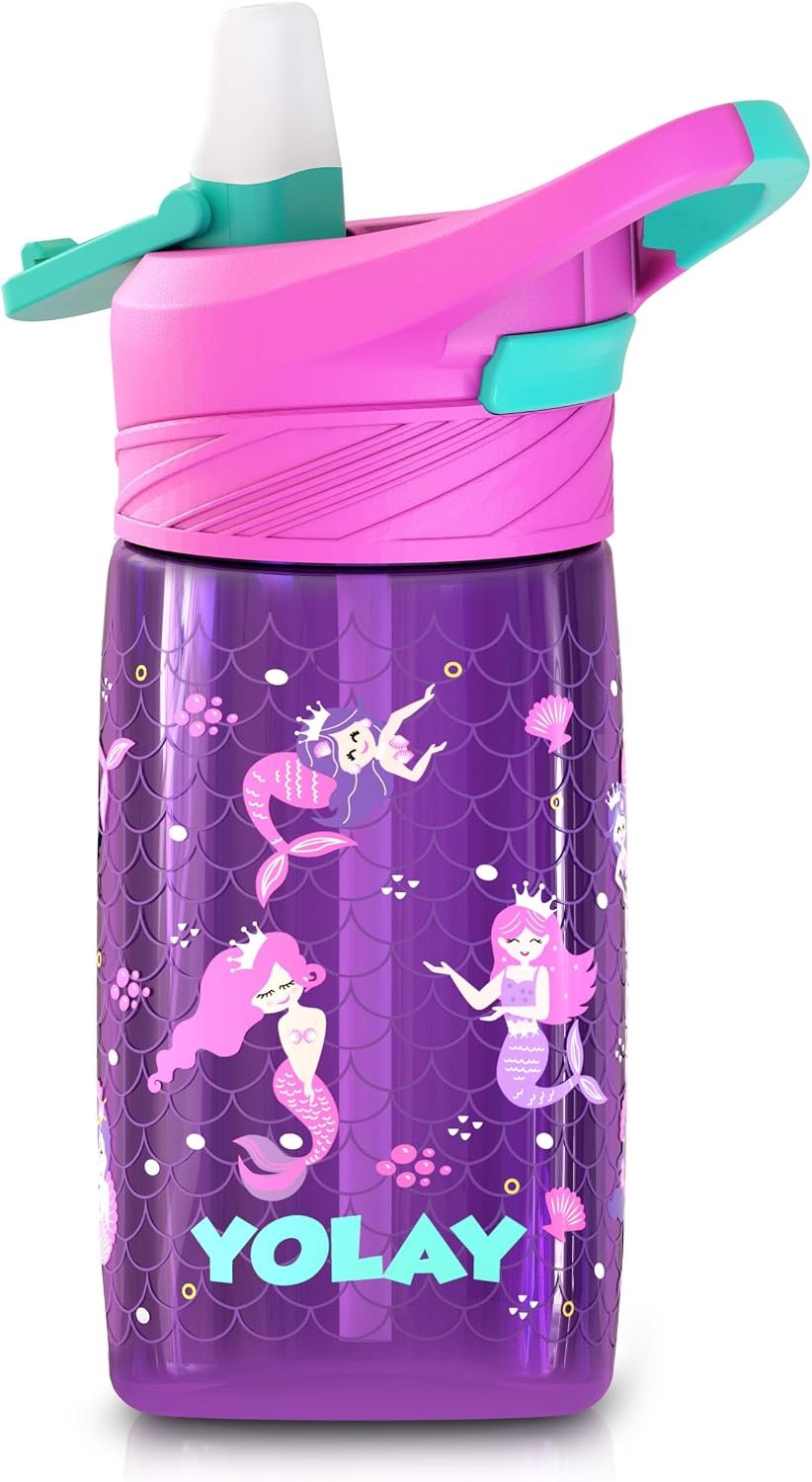 YOLAY 15oz Kids Water Bottle For School Boys and Girls, Durable Toddler Water Bottle with Straw Lid Leak-Proof, Spill Proof, Easy Clean and Dishwasher Safe with Re-Usable and BPA Free – Mermaid