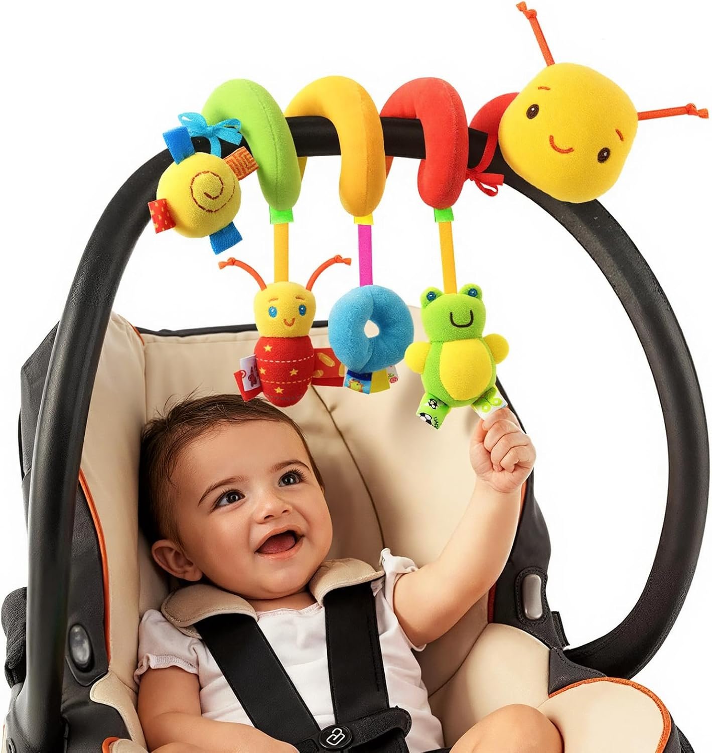 Car Seat Toys for Babies 0-6 Months, Hanging Carseat Toys for Infants 0-12 Months, Spiral Plush Caterpillar Sensory Stroller Toy with Rattles for Baby Essentials Newborn Boy Girl Shower Gifts