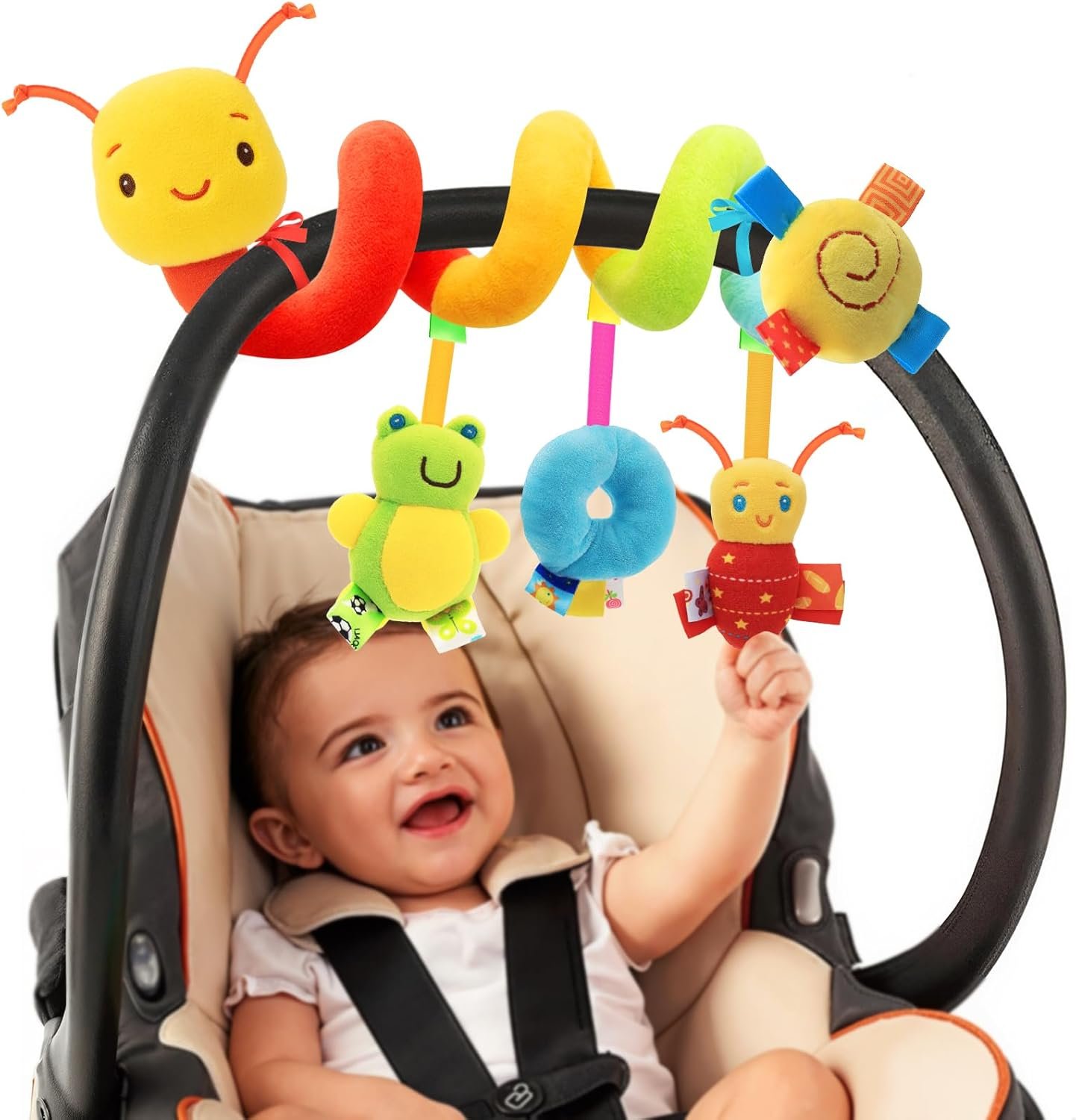 Spiral Car Seat Toys – Baby Sensory Soft Plush Hanging Toys for 0-12 Months Stroller Crib Accessories, Essentials for Expecting Moms & Baby Shower Registry Gift