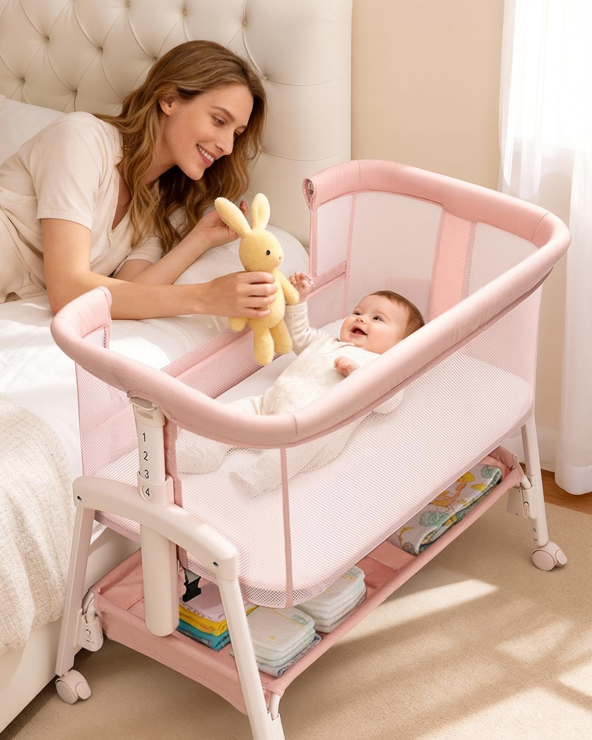 3 in 1 Baby Bassinet with Wheels, Bedside Bassinet Sleeper for Newborn, Portable Baby Crib with 7 Adjustable Height & Large Storage Basket & Full-Mesh, Easy Folding Baby Bed for Infant (Pink)