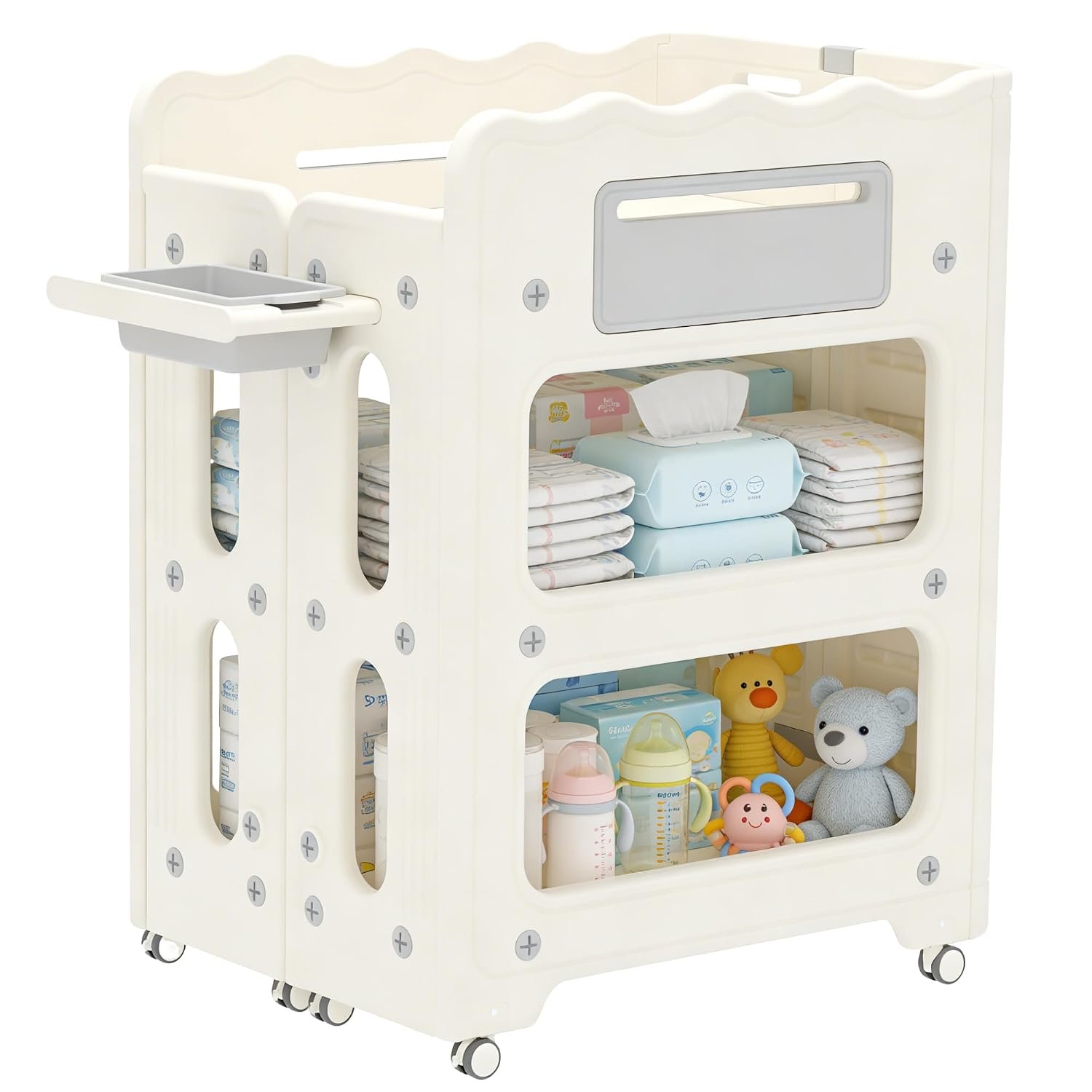 Baby Changing Table, with Lockable Wheels Foldable Portable Diaper Station, Waterproof Nursery Unit for Newborn Infant Essentials Storage Baskets & Cradle Travel-Friendly Easy-Clean Surface Compact