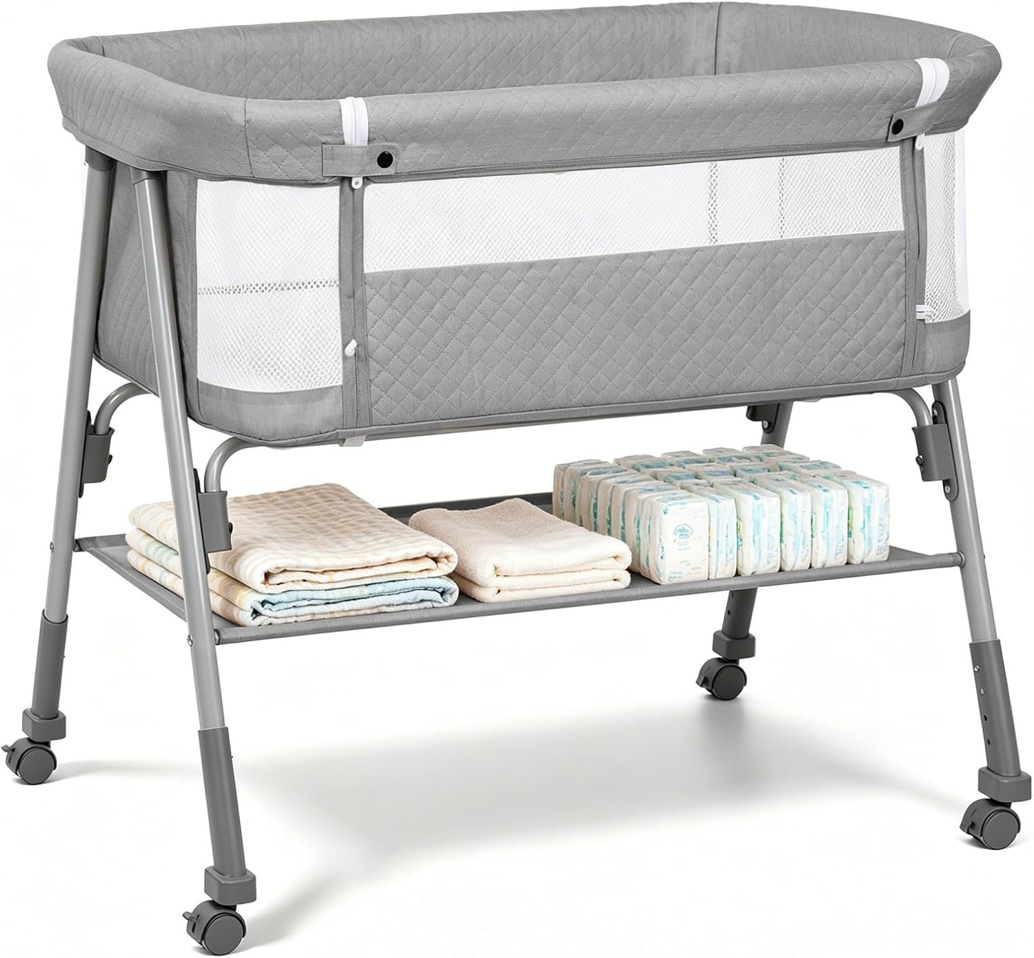 Baby Bassinet, 3-in-1 Baby Bassinets Bedside Sleeper for Newborn with Breathable Mesh, Portable Baby Crib with 4- Adjustable Height, Mattress, Storage Basket & Lockable Wheels, CPSC Grey
