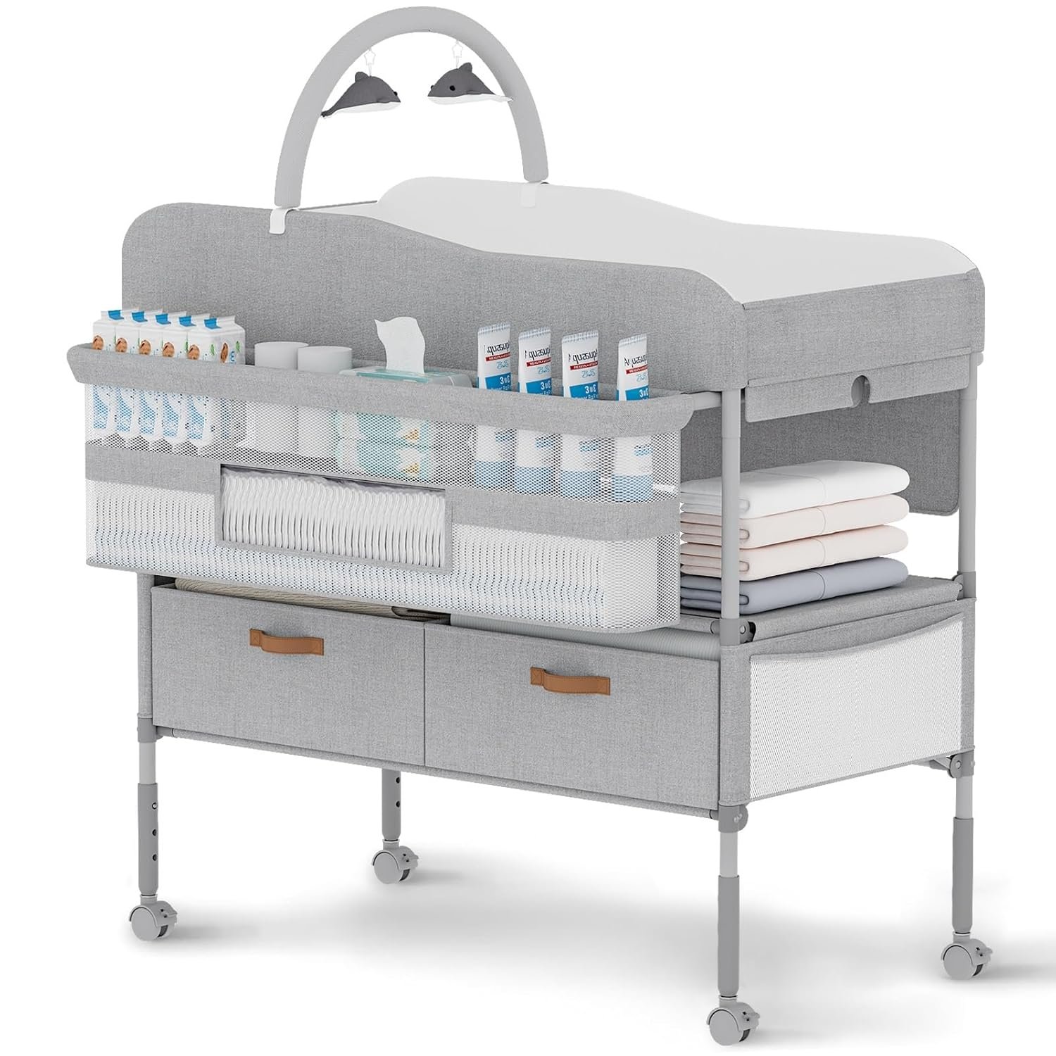 Diaper Changing Station, Portable Changing Table for Baby, Diaper Changing Table with Storage Drawers, Waterproof Baby Changing Station with Wheels and Adjustable Height for Newborn Infant (Grey)