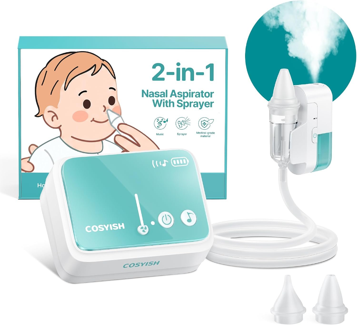 Nasal Aspirator for Baby Hospital-Grade 78 kPa Electric Baby Nasal Aspirator for Toddlers, 4 Adjustable Suction Levels Anti-Backflow Quiet Nose Sucker for Baby, Rechargeable, Music(Blue-T)