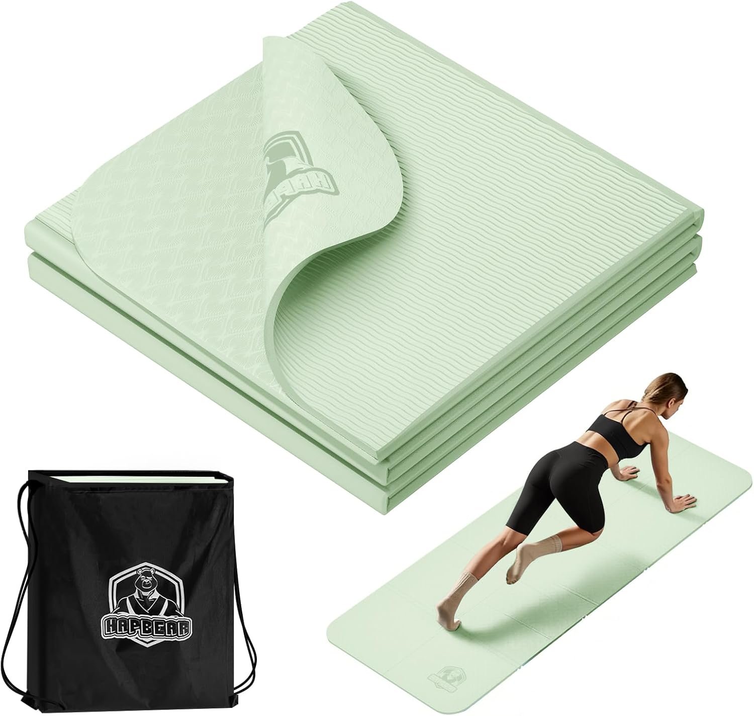 HAPBEAR Foldable Yoga Mat – 72″x24″x0.24″ (6mm), Non-Slip TPE Exercise Mat for Home Workout, Yoga, Pilates,Stretching, & Travel, Durable & Eco-Friendly, Includes Carry Bag