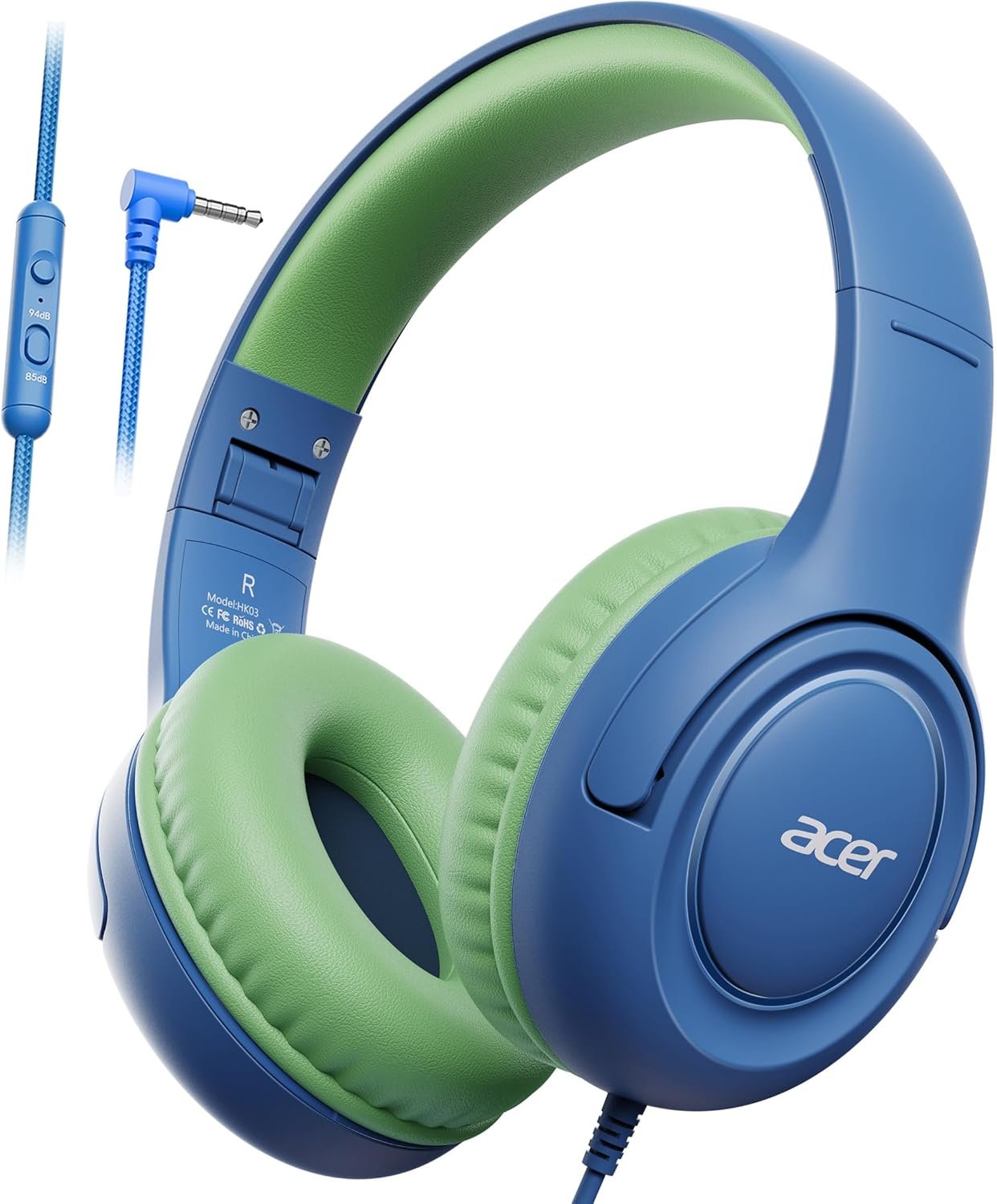 acer Kids Headphones – Over-Ear 85/94dB Volume Limiter, 3.5mm Jack Foldable Stereo Sound Headset for Toddlers Girls Boys Travel Learning Entertainment Tablet Kindle iPad PC Blue Green, HK03