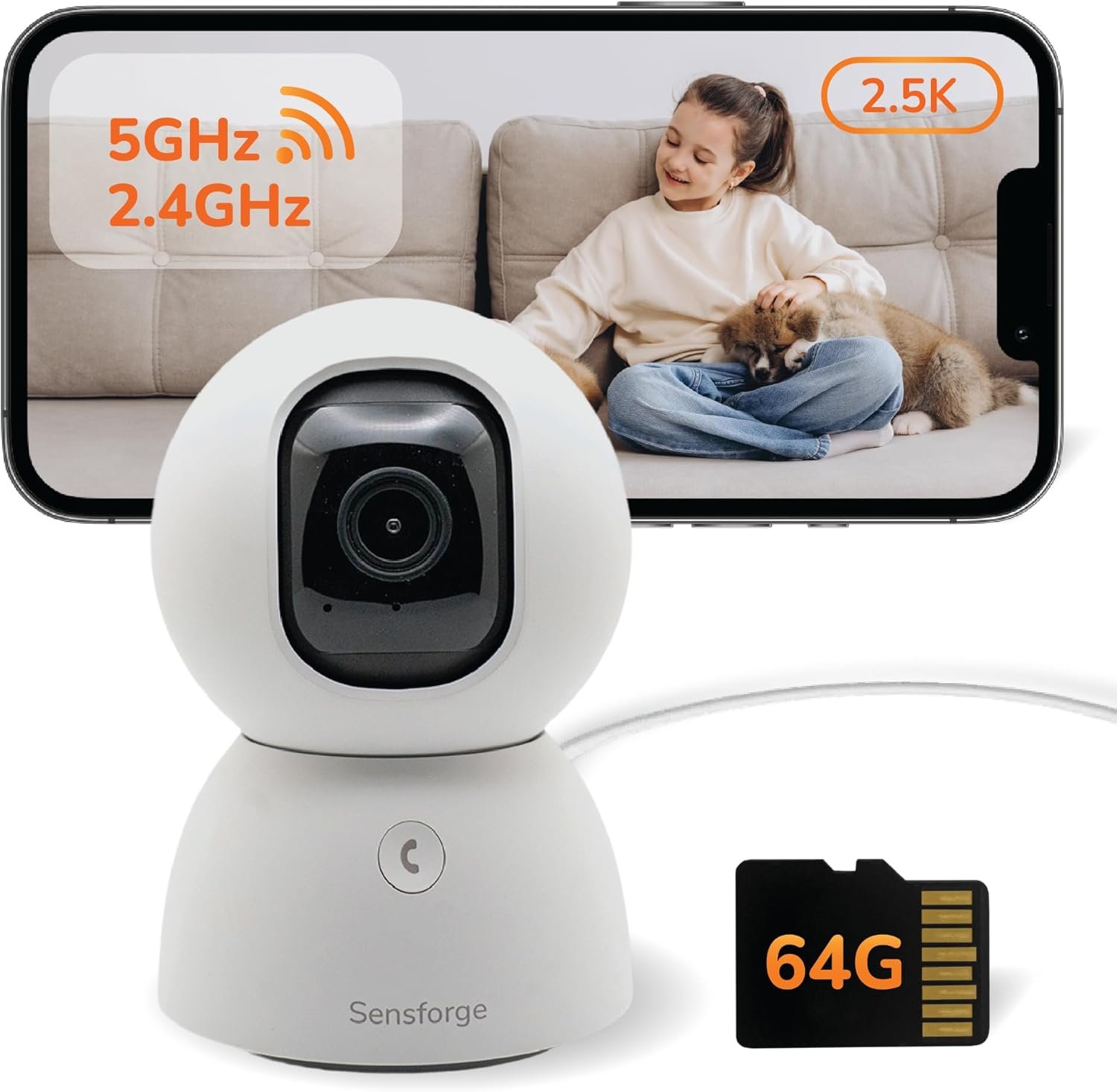 SensForge 2.5K Pan-Tilt Security Camera, 360° Dual-Band WiFi Camera for Home, Free AI Human & Pet Detection, 2-Day Cloud + 64GB SD Storage, Two-Way Talk, Optional AI + Storage Upgrade (1, White)