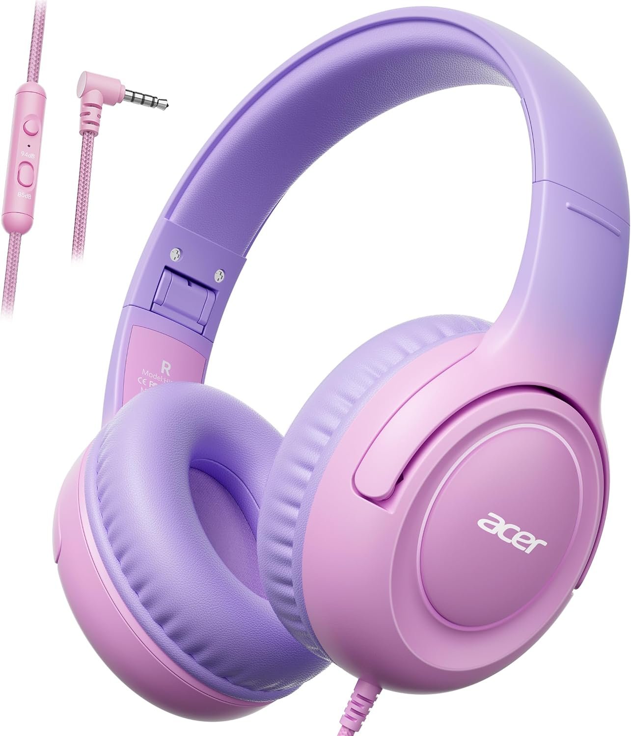 Acer Kids Headphones – 85/94dB Volume Limiter, Foldable Wired Over Ear Headphones for Travel, 3.5mm Jack, Toddler Headphones for School, Travel, iPad, Tablet, Purple Pink, HK03