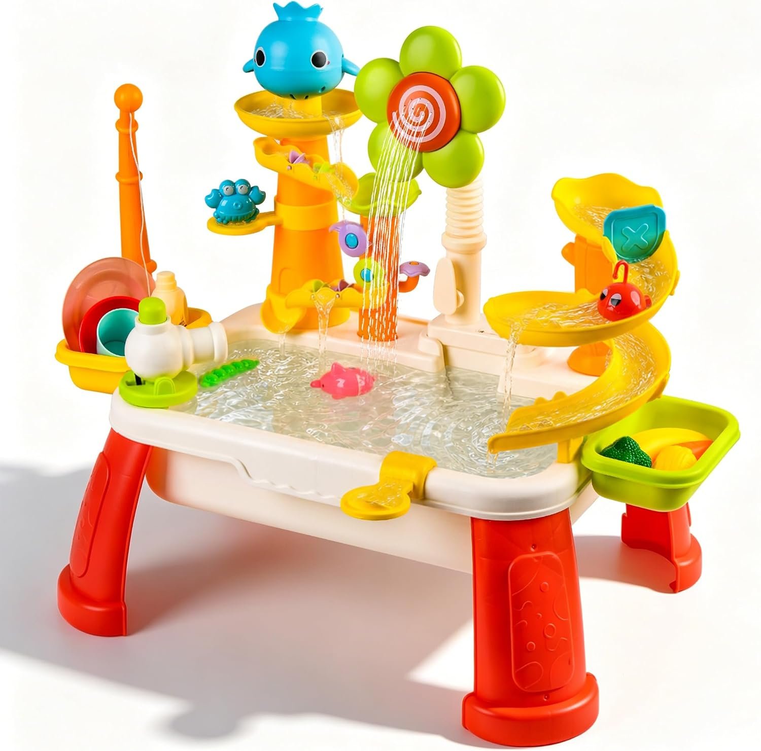 2026 Upgraded Water Table for Toddlers 3+, Water Table for Kids Ages 4-8 with Pump, Play Sink with Running Water, Kitchen Sink for Toddlers, Fishing Game and Outside Sensory Toy (RED) 1