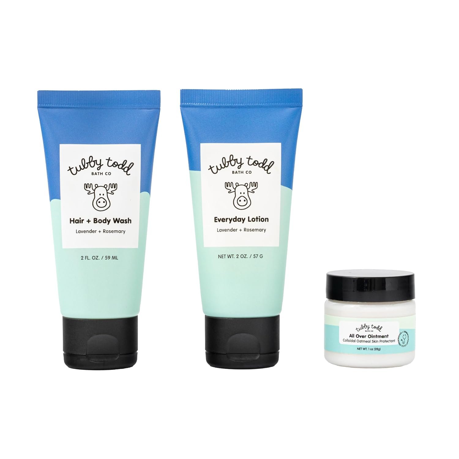 TUBBY TODD 3-Step Baby Bath and Skincare Routine, The Regulars Bundle | 2 oz Baby Shampoo and Body Wash, 2 oz Everyday Lotion, 1 oz All Over Ointment, Lavender Rosemary