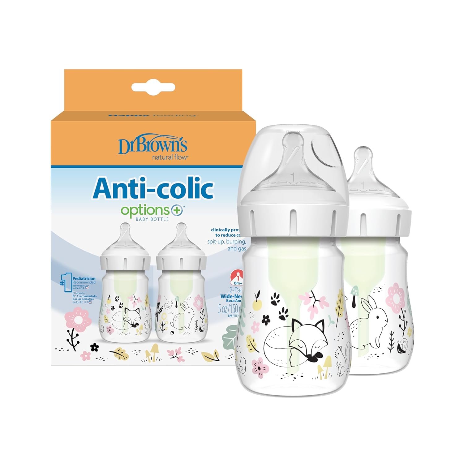 Dr. Brown’s Anti-Colic Options+ Wide-Neck Baby Bottle Designer Edition Bottles, Woodland Decos, 5 oz/150 mL, Level 1 Nipple, 0m+, 2-Pack