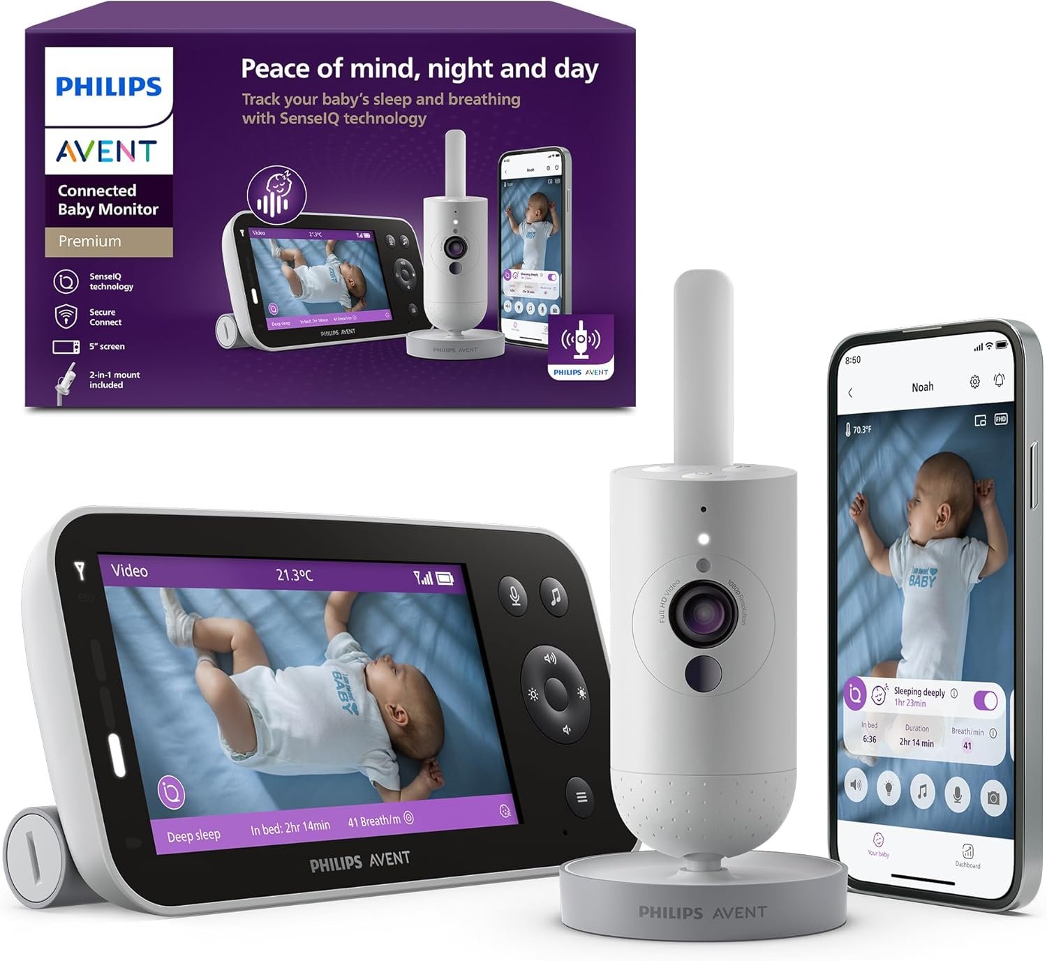 Philips Avent Premium Connected Baby Monitor, Smart Baby Monitor with App, 1080p Camera, SenseIQ Sleep & Breathing Motion Tracking, Cry Detection & Translation, Two-Way Audio, Night Vision, SCD973/37