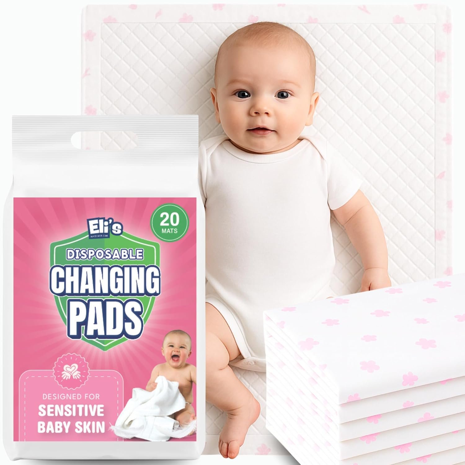 Eli with Love Disposable Baby Changing Pads – Soft, Waterproof & Leakproof Liners Absorbent Underpads – Large Travel Size Diaper Changing Mat for Home, Car, Diaper Bag – (20 Pack, Floral)