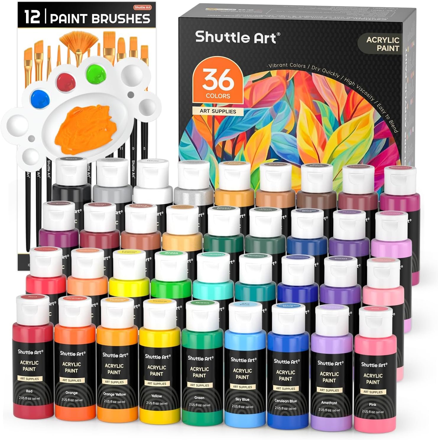 Shuttle Art Acrylic Paint, 36 Colors Acrylic Paint Set with Brushes & Palette, 2oz/60ml Bottles, Rich Pigments Non-toxic for Artists Kids & Adults, Painting on Canvas Rocks Ceramic Wood