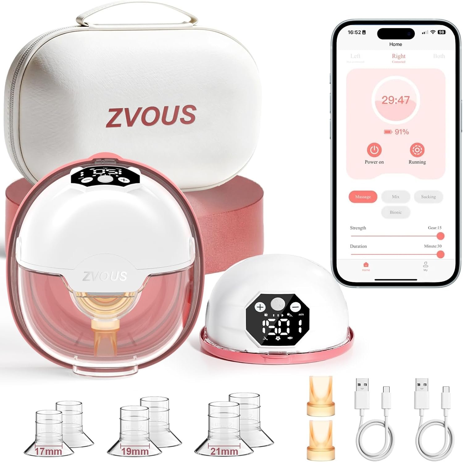 Hands Free Breast Pump Comfortable, Painless Strong Suction Power Rechargeable Electric Breast Pump Smart App Wearable Pump Leakproof 4 Modes Levels Wireless Pump for Driving Office Yoga Sleeping