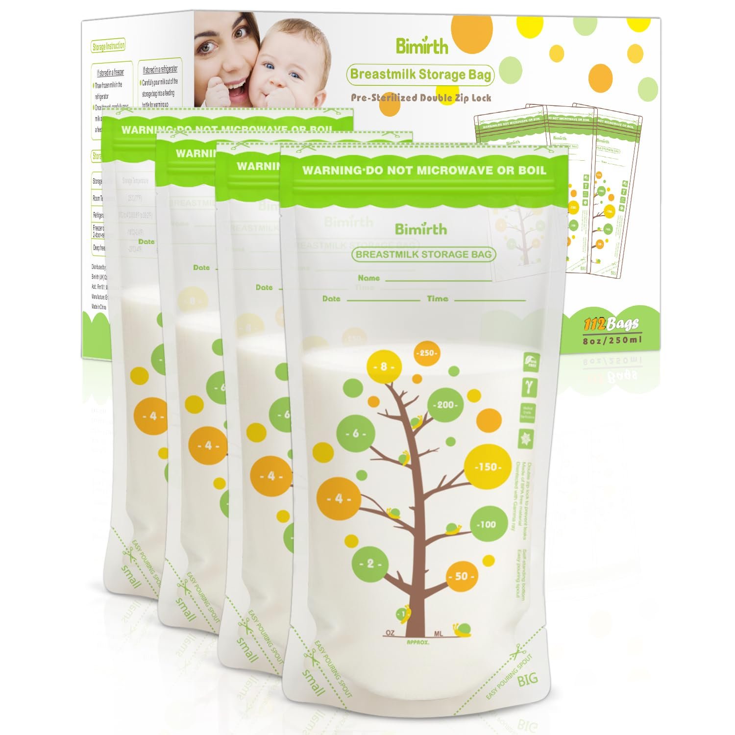 112 Count Breast Milk Storage Bags for Freezer, 8oz BPA-Free Breastmilk Bags, Double Zipper Leak-Resistant & Self-Standing, Thick Durable Milk Storage Bags – Bimirth