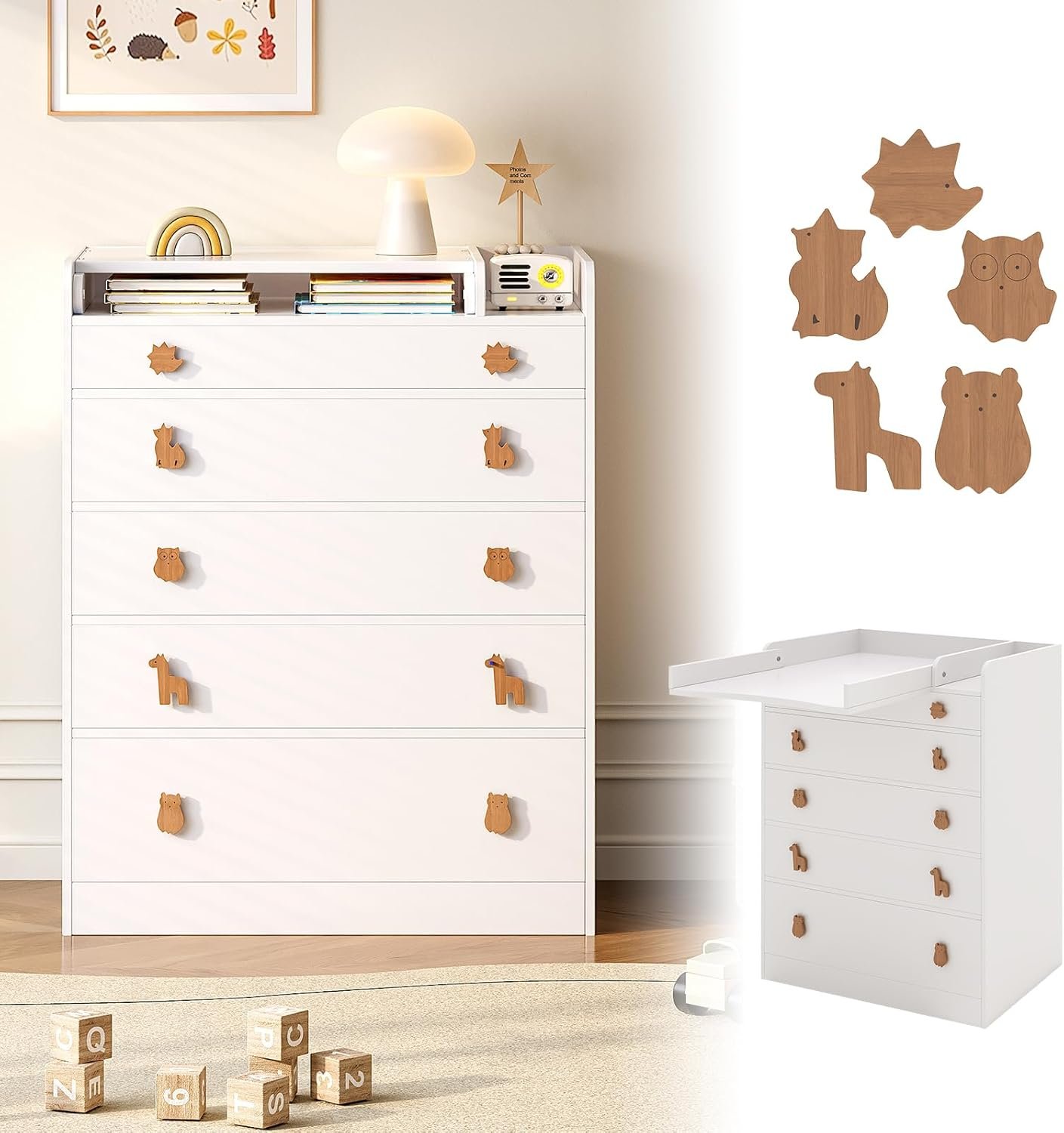 EXPERLAM Changing Table Dresser with Foldable Top, 5-Drawer Nursery Baby Dresser, Space-Saving Diaper Changing Station for Bedroom, White