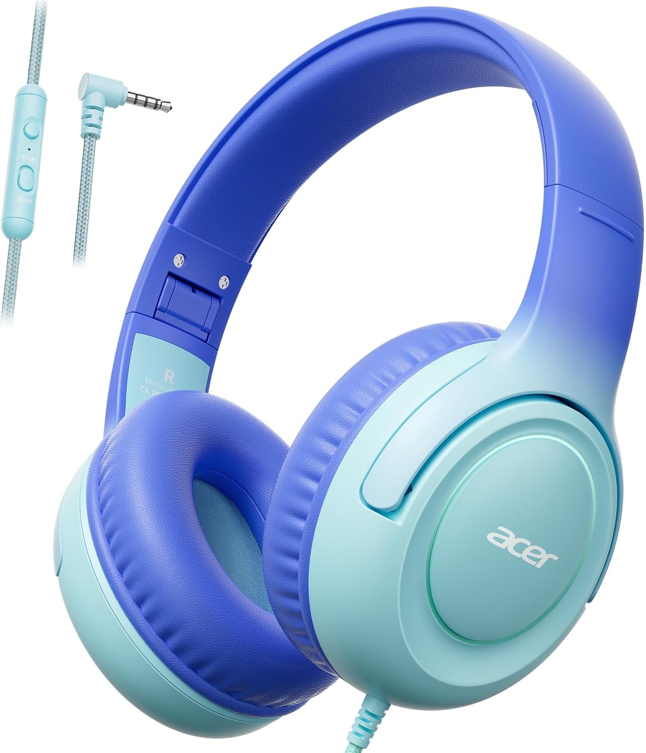 Acer Kids Headphones – 85/94dB Volume Limiter, Foldable Wired Over Ear Headphones for Travel, 3.5mm Jack, Toddler Headphones for School, Travel, iPad, Tablet, Blue Gradient, HK03