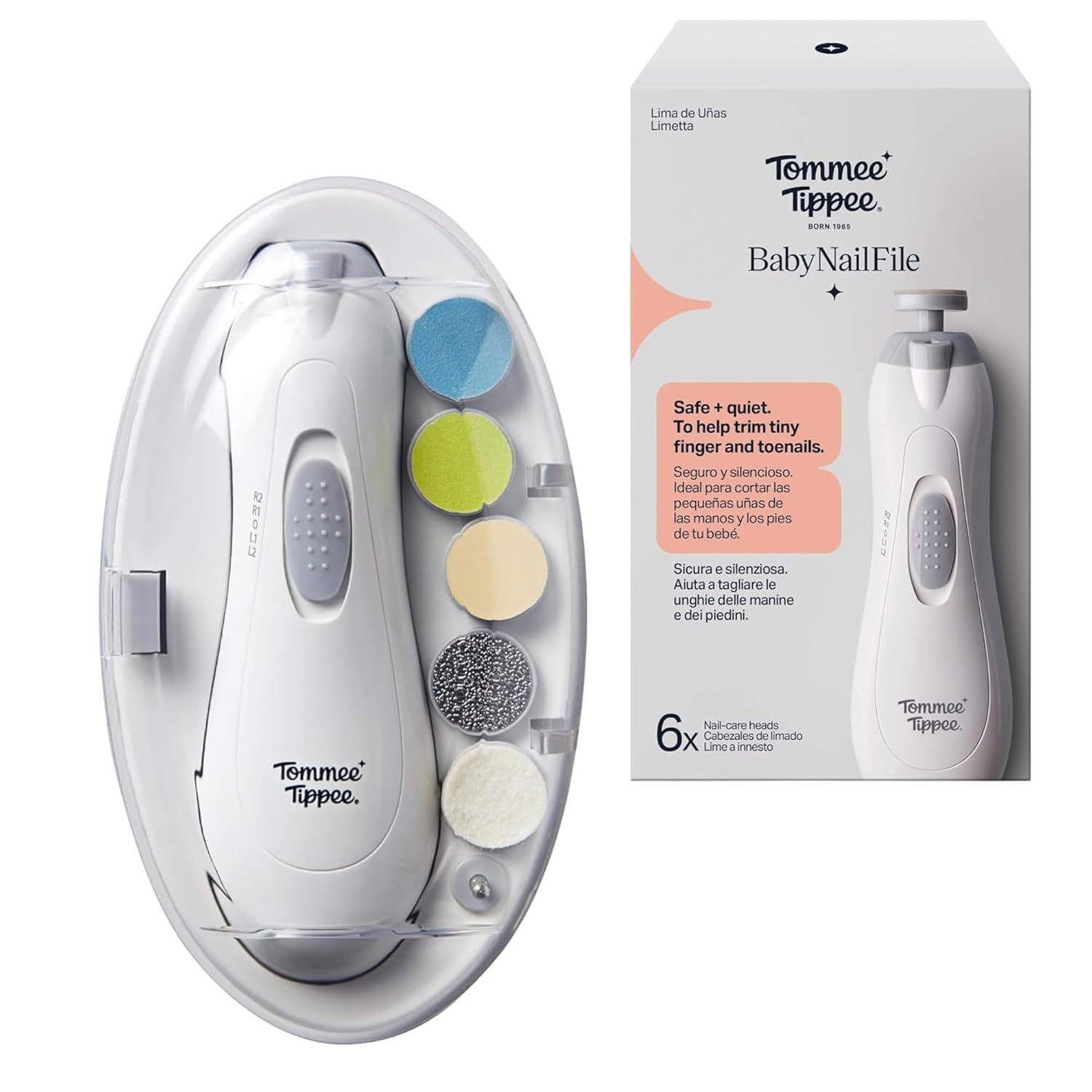 Tommee Tippee Electric Baby Nail File and Clipper, Battery-Powered with Six Filing Heads, LED Light, Adjustable Speed and Direction Settings for Entire Family