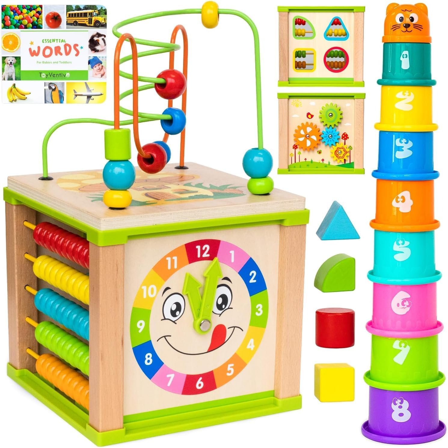 Wooden Activity Cube for Baby, Montessori Toys for 1 Year Old, Baby Toys 1 Year Old, Toys for 1+ Year Old Girl – Wooden Activity Center with Bead Maze Toy, Baby Stacking Cups, Book, in Pink Gift Box