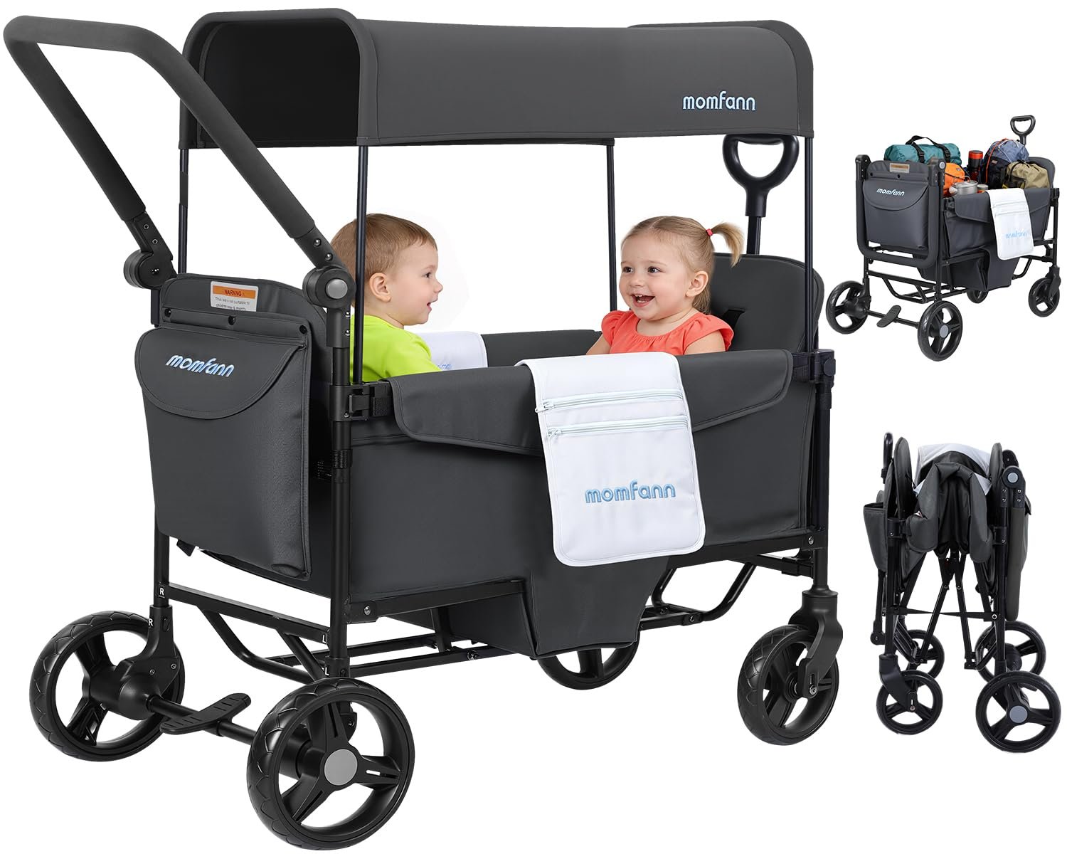 MOMFANN Wagon Stroller for 2 Kids, All-Terrain Foldable Baby Wagon with Adjustable Push & Pull Handle, 5-Point Harness, Removable Canopy, Footwell & Large Storage Bag-Gray