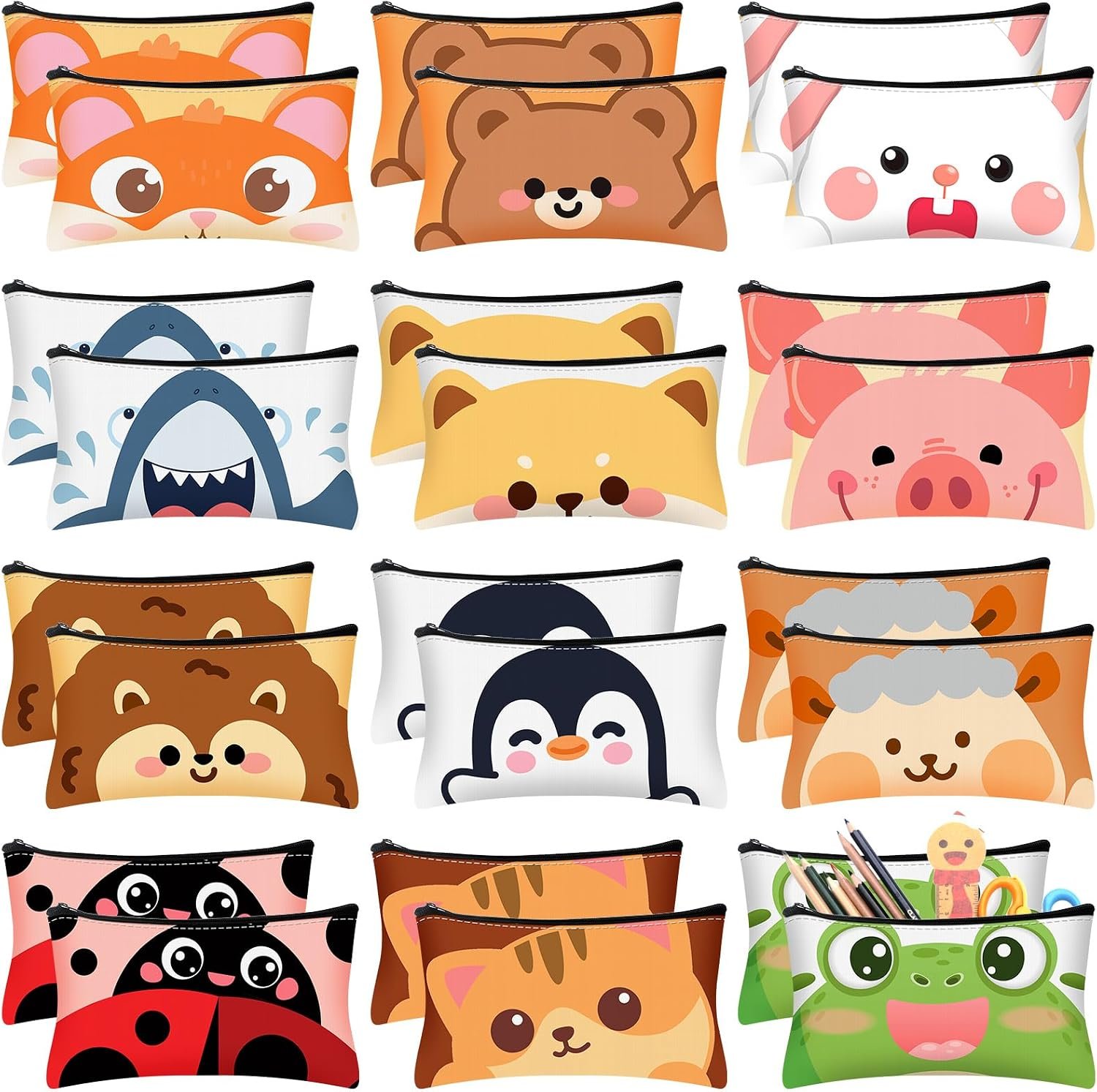 Hosuly 24 Pcs Bulk Trendy Design Zipper Pencil Case Pouch Cute Trendy Design Animal Pen Bag Multicolored Cat Bear Shark Bunny Canvas Pencil Pouch Organizer for Stationary Storage