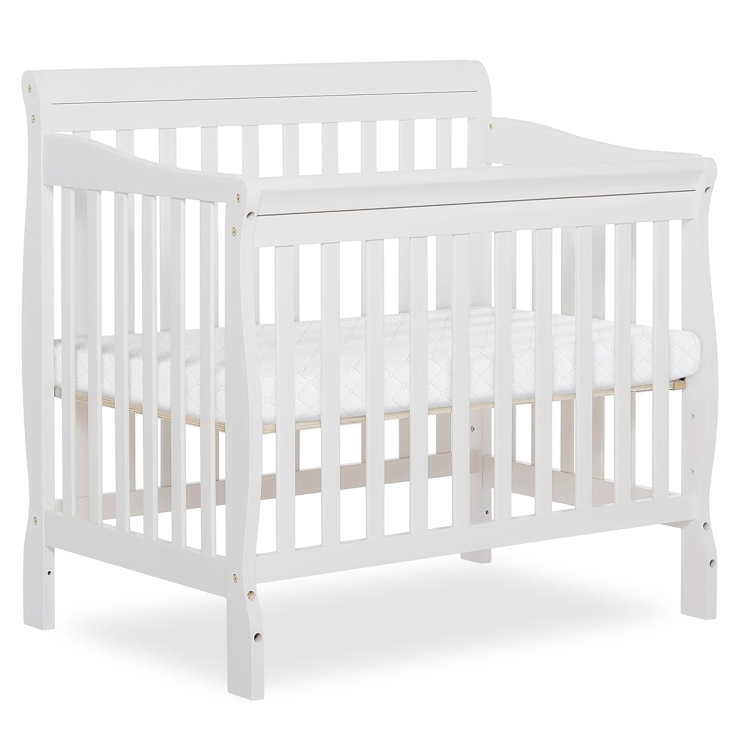 Dream On Me Aden 4-in-1 Convertible Mini Baby Crib, GREENGUARD Gold & BSA Certified, Sustainable Pinewood, Non-Toxic Finish, 3 Mattress Heights, Converts to Mini Day & Twin-Size Bed – White