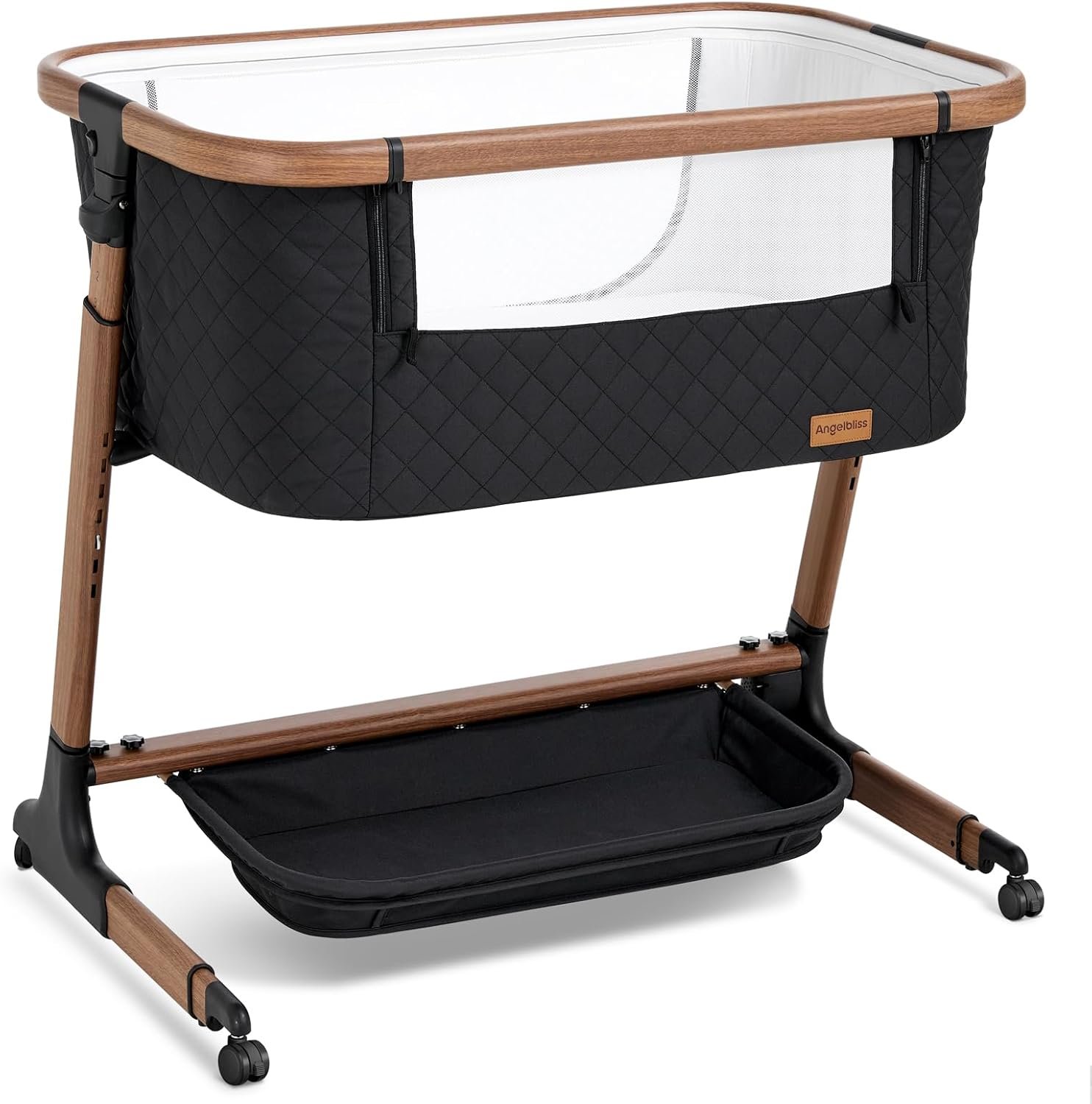 ANGELBLISS Electric Baby Bassinet Bedside Sleeper with Auto Rocking, Remote/Touch Control, 3 Timer Modes, 12 Sounds, 6 Heights, Storage & Wheels (Black)