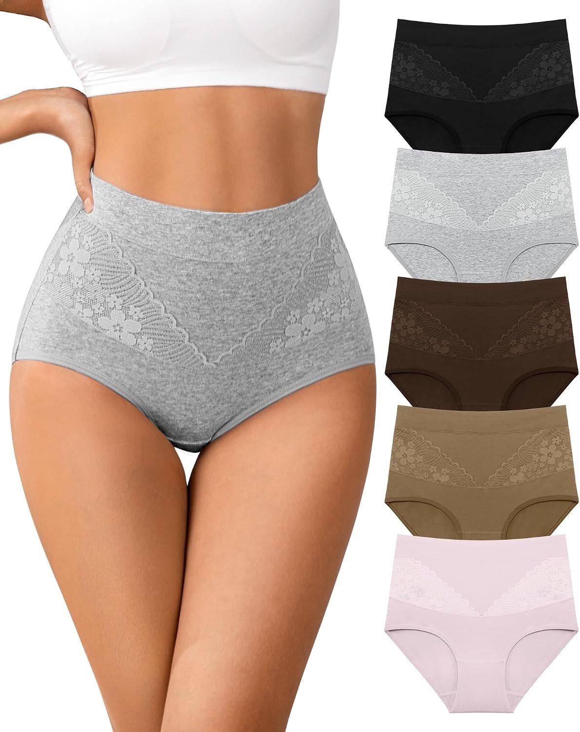 High Waisted Underwear for Womens Cotton Tagless Soft Ladies Panties Full Coverage Slight Tummy Control Briefs 5 Pack