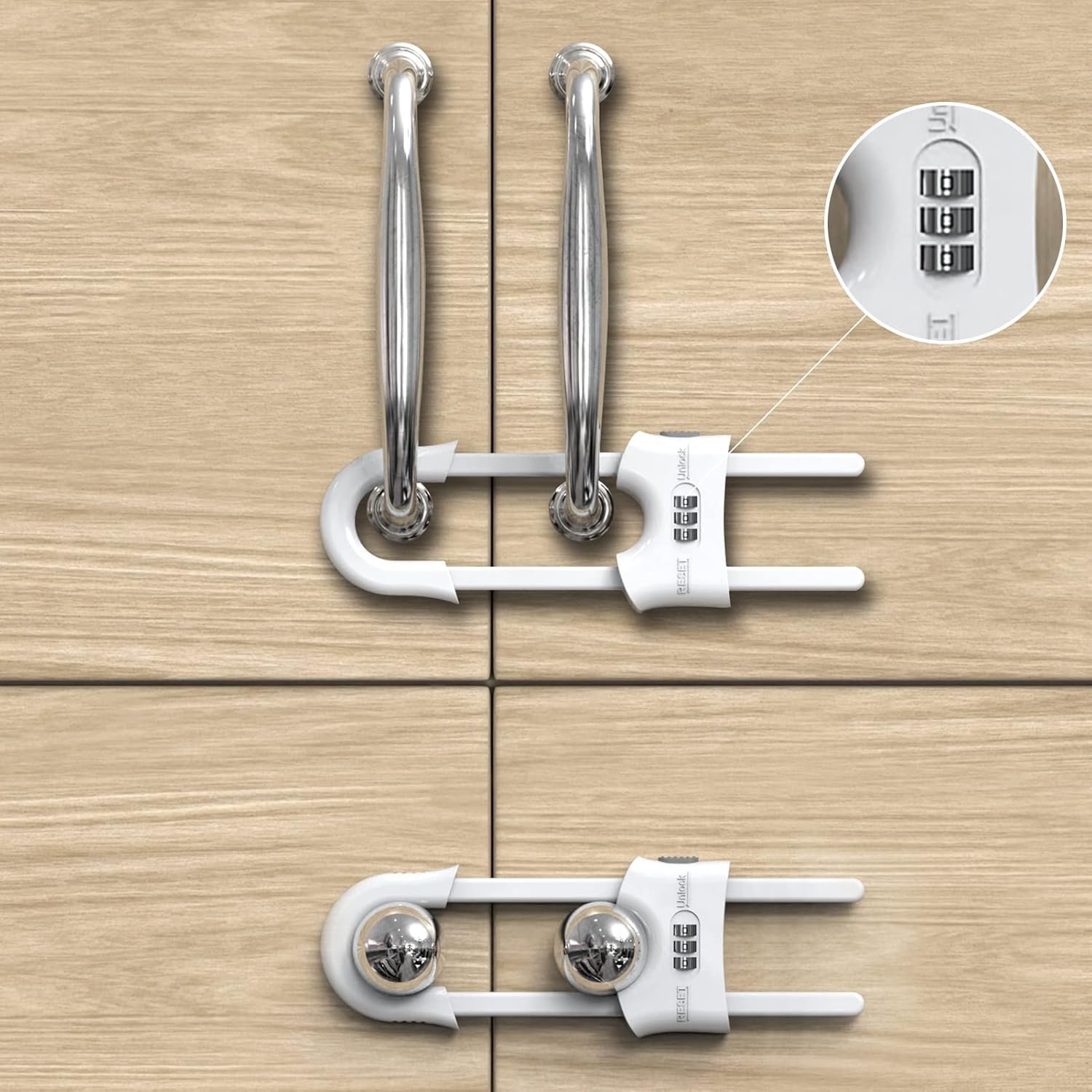 4 Pack Child Proof Sliding Cabinet Door Code Locks Baby Safety Cupboard Locks Adjustable U Shaped Cabinet Latches for Knob Handle Drawers Closet Plastic (4 PCS, White)