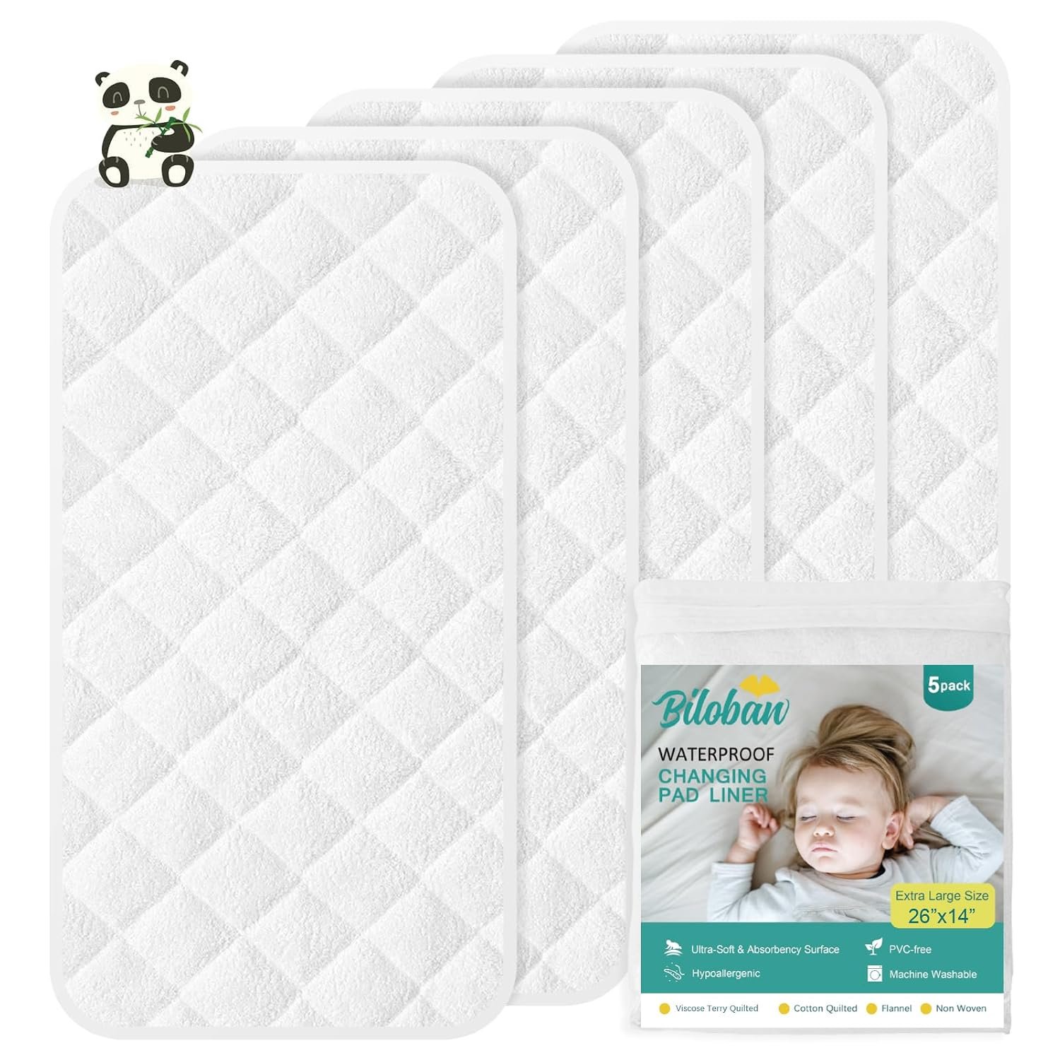 Changing Pad Liner – 5 Pack (Improved Thickness) 14″ x 26″ Superior Viscose Terry Surface, Waterproof & Absorbent Diaper Changing pad Liners