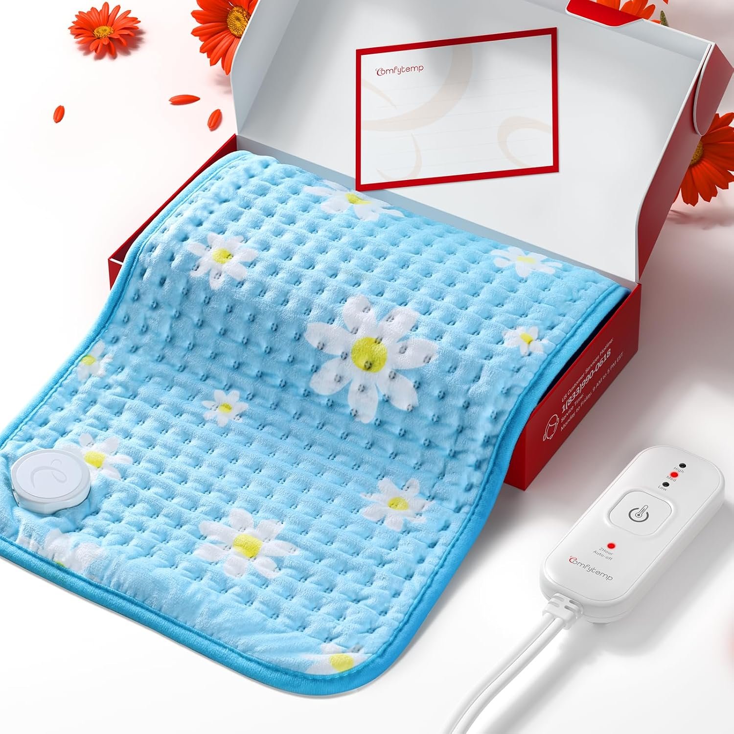 Comfytemp Gifts for Women, Heating Pad for Mom Wife Daughter Period Cramps and Back Pain Relief, 12″ X 24″ Cute Flower Heat Pad with 3 Heat Levels, Electric Soft Heated Pad, Dad Gift