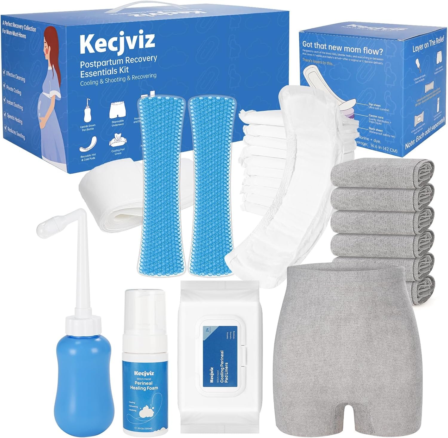 Postpartum Recovery Kit – 20 Pcs Hospital Bag Must Haves with Upside Down Peri Bottle, Disposable Underwear, Maternity Pads, Witch Hazel Foam & Reusable Cold Pad