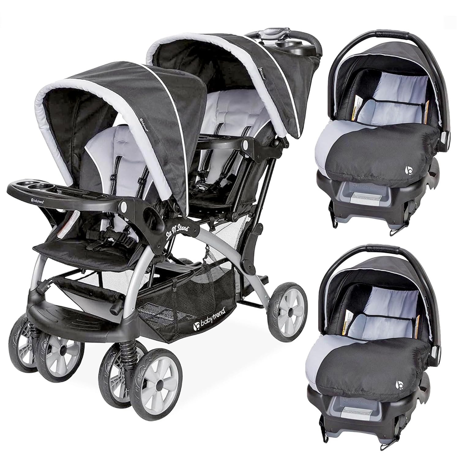 Baby Trend Infant and Toddler Double Stroller & 2 Car Seat Combo, 3 Pc Set, Stormy – Portable and Lightweight Stroller Duo and Car Seat Travel System Tandem