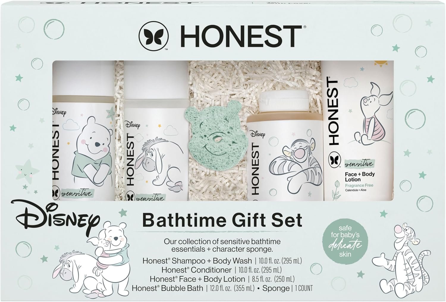 The Honest Company Fragrance-Free Bathtime Gift Set, Disney Design, Hypoallergenic, Bath Essentials for Sensitive Skin, Shampoo and Body Wash, Face Lotion, Bubble Bath, Conditioner, Sponge