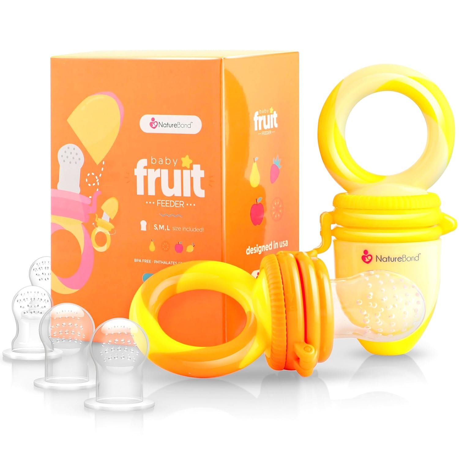 NatureBond Baby Food Feeder/Fruit Feeder Pacifier Nibbler (2 Pack) – Infant Teething Toy Teether Weaning in Appetizing Colors | + Additional Silicone Sacs