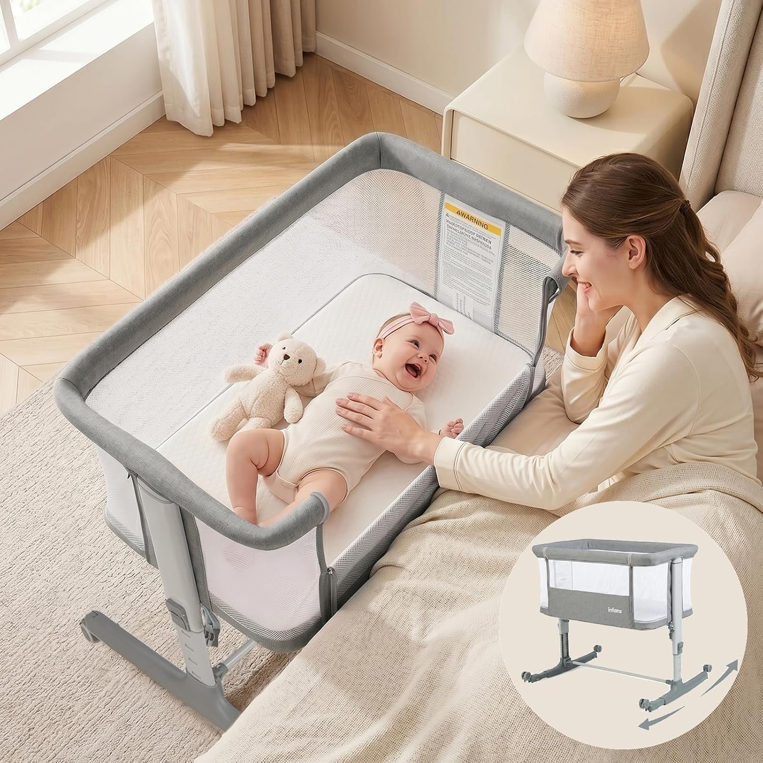 INFANS 3 in 1 Baby Bassinet, Bedside Sleeper for Newborn, Folding Crib with Mattress, Travel Bag, Wheels, 4-Sided Mesh, Easy to Assemble Cradle Co Sleeper Stationary, Rock (Light Grey)