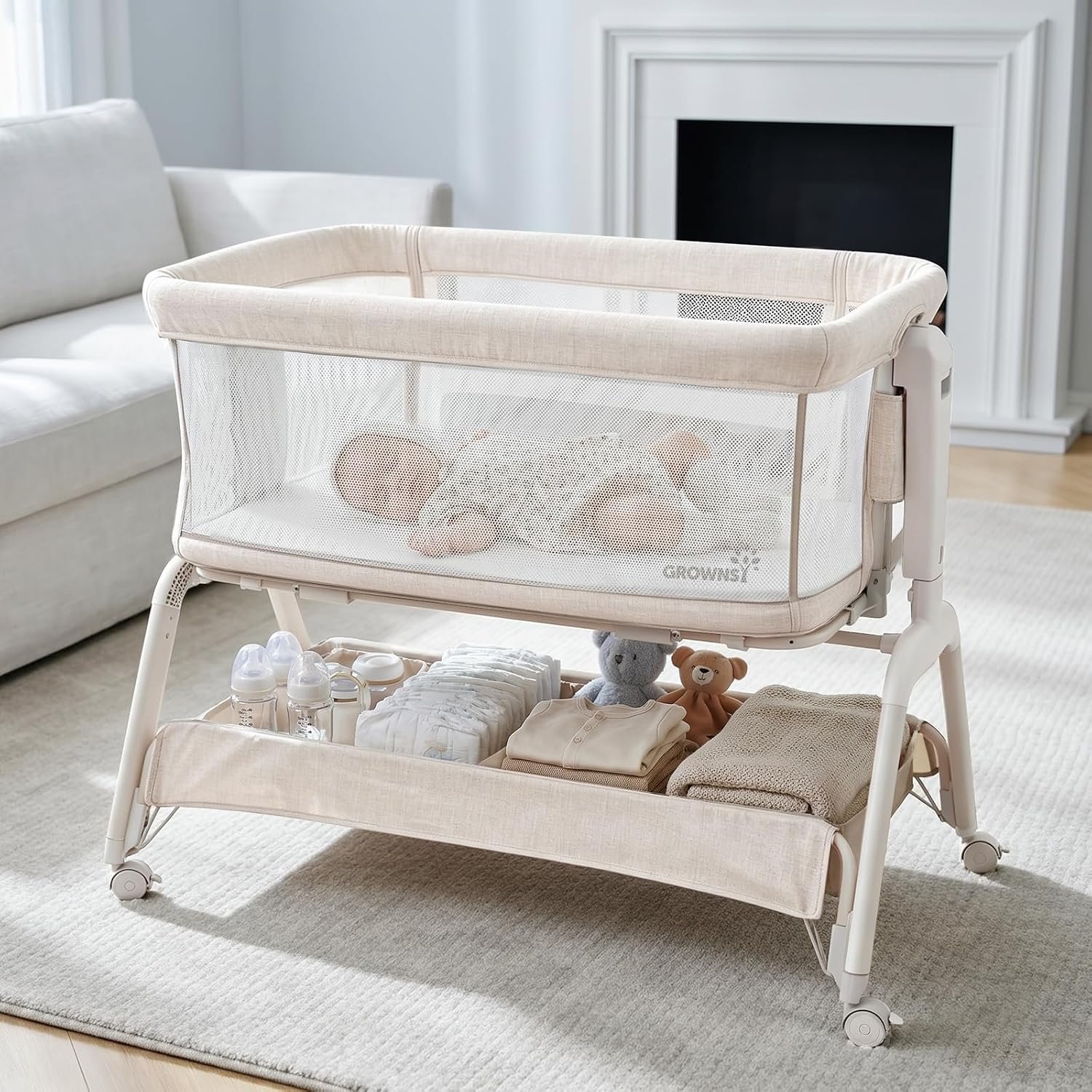 GROWNSY 5-in-1 Bassinet Bedside Sleeper with Gentle Rocking Mode, 6 Adjustable Heights, Full Breathable Mesh, Convertible to Portable Crib, Bassinets with Supportive Mattress & Wheels, Cream