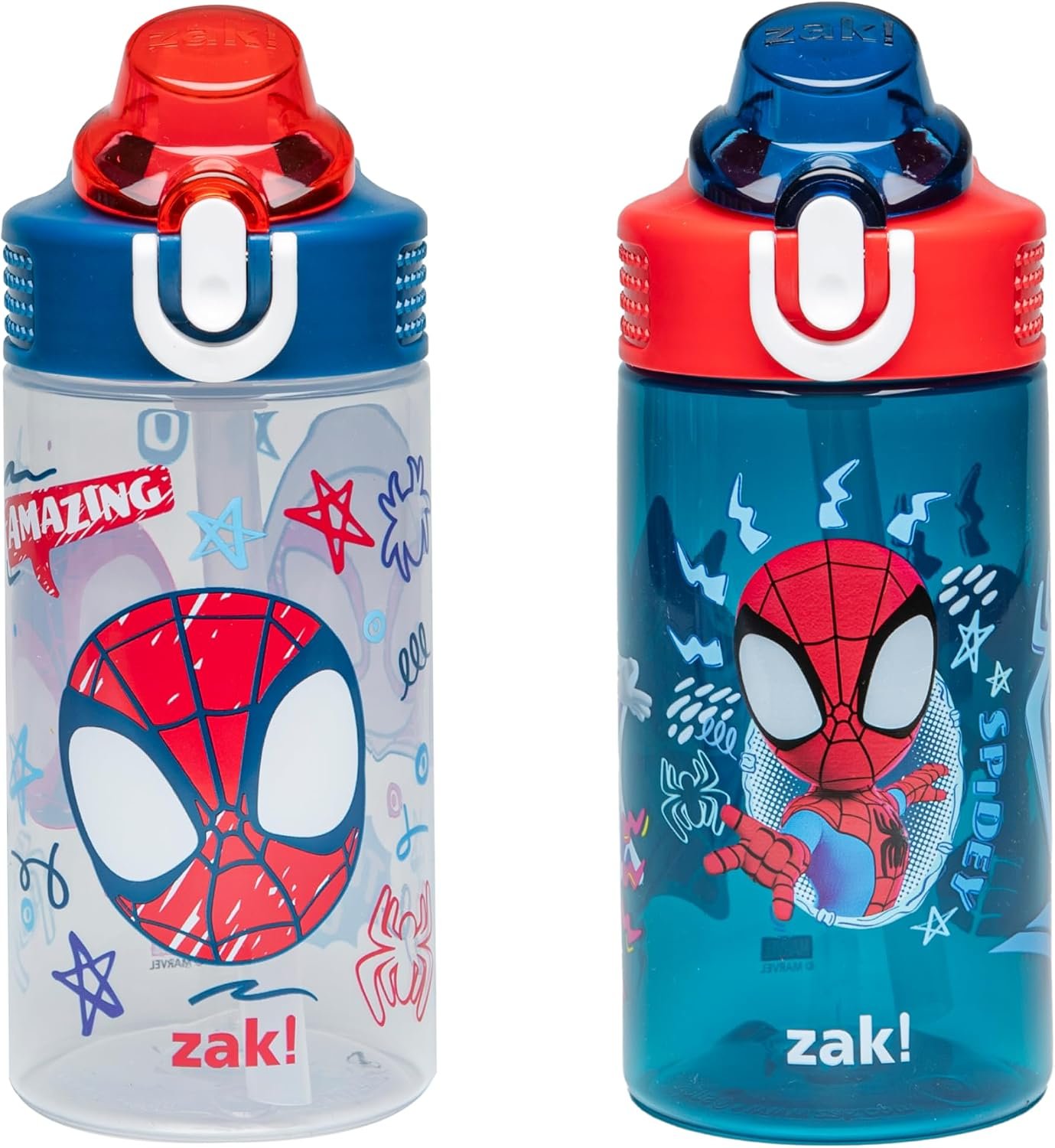 Zak Designs Marvel Spider-Man Sage Kids Water Bottle For School or Travel, 16oz Durable Plastic Water Bottle With Straw, Handle, and Leak-Proof Spout Cover, 2-Pack (Spidey and His Amazing Friends)