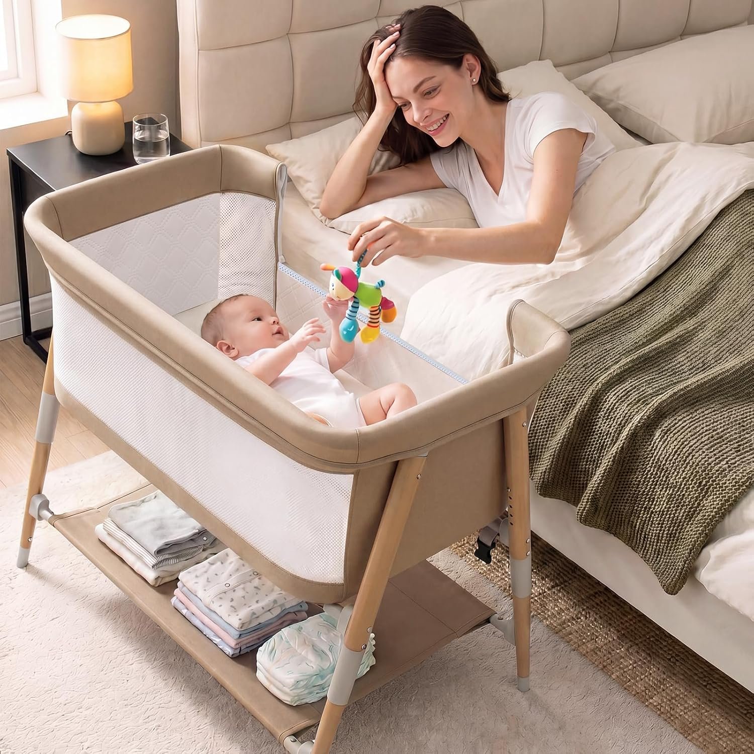 Baby Bassinet, 3 in 1 Bedside Bassinet Sleeper for Newborn, Portable Baby Crib with 4 Detachable Wheels & Adjustable Height, Breathable Mesh & Mattress, Mosquito Net& Storage Basket (Khaki)