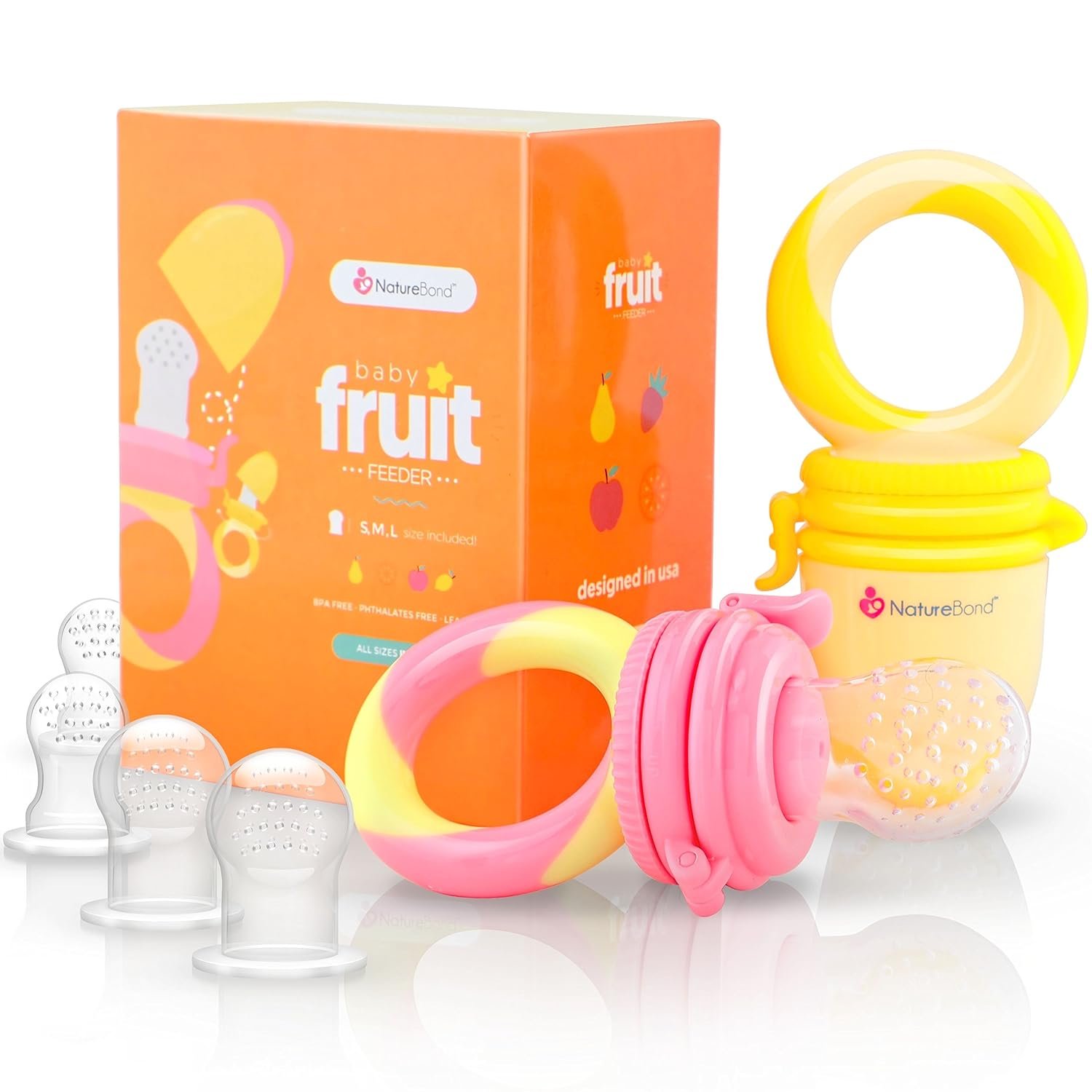 NatureBond Baby Food Feeder/Fruit Feeder Pacifier Nibbler (2 Pack) – Infant Teething Toy Teether Weaning in Appetizing Colors | + Additional Silicone Sacs