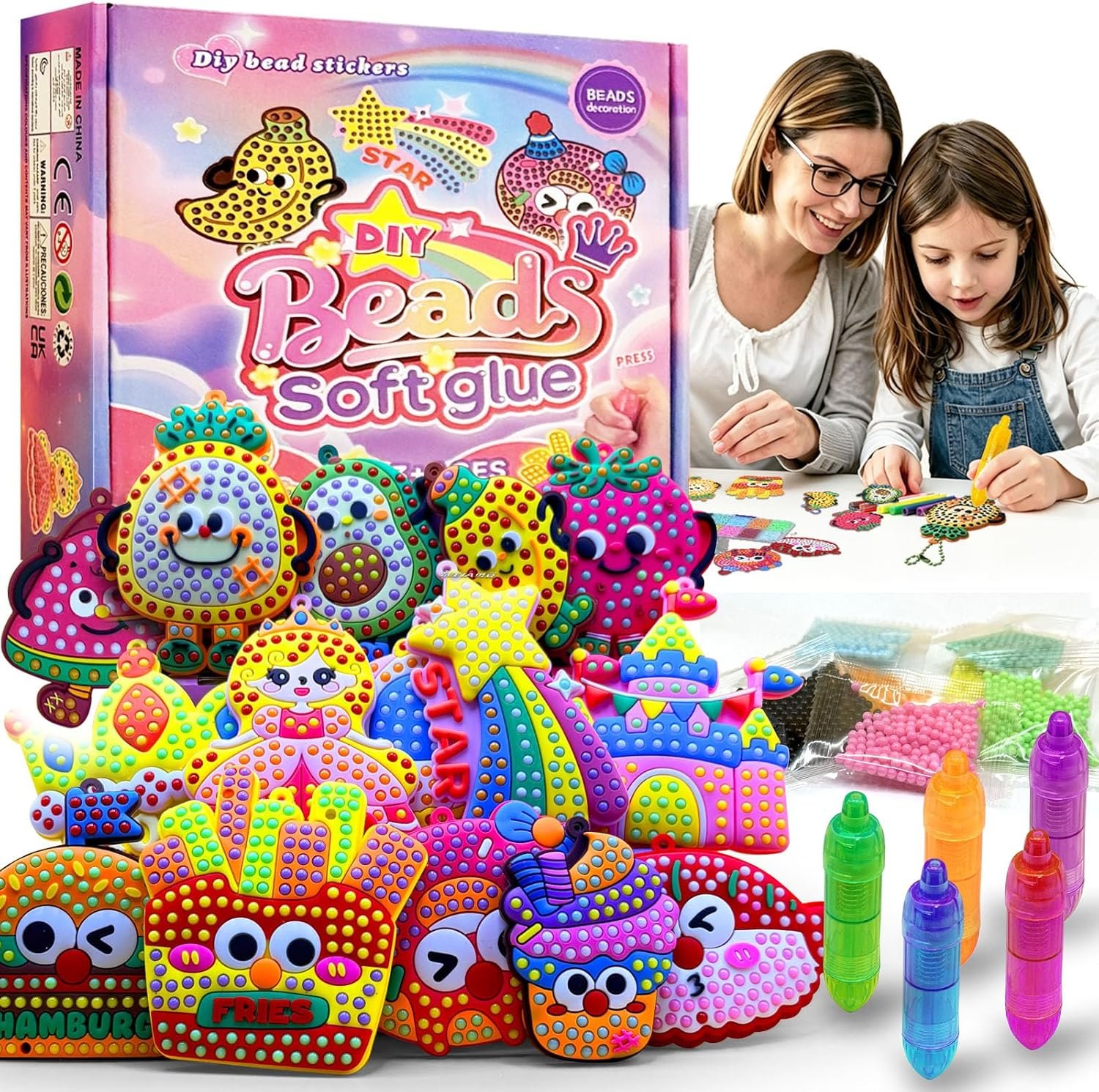 VattaFrast DIY Bead Art & Mosaic Kit for Kids Ages 4-12 Complete Craft Set with 15PCS Colorful Templates Fun Stencils Bead Pens Creative Arts Crafts Activity for Boys Girls