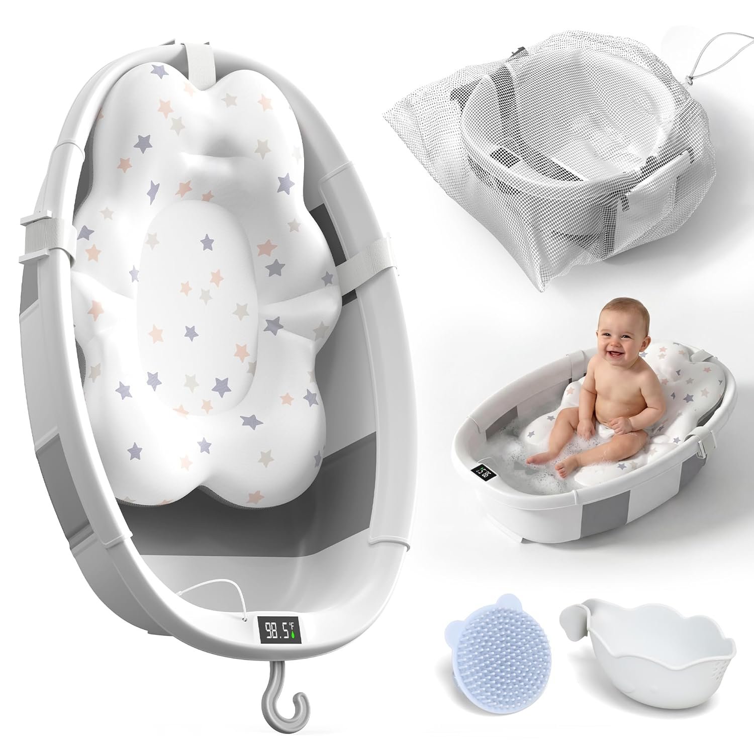 Collapsible Baby Bathtub – Large Baby Bath Tub with Thermometer | Bath Essential Bañera para Bebe Easy Fold Baby Tub | Travel Infant Newborn Toddler Bathtub for Baby Girl Boy 0 to 36 Months (Grey)