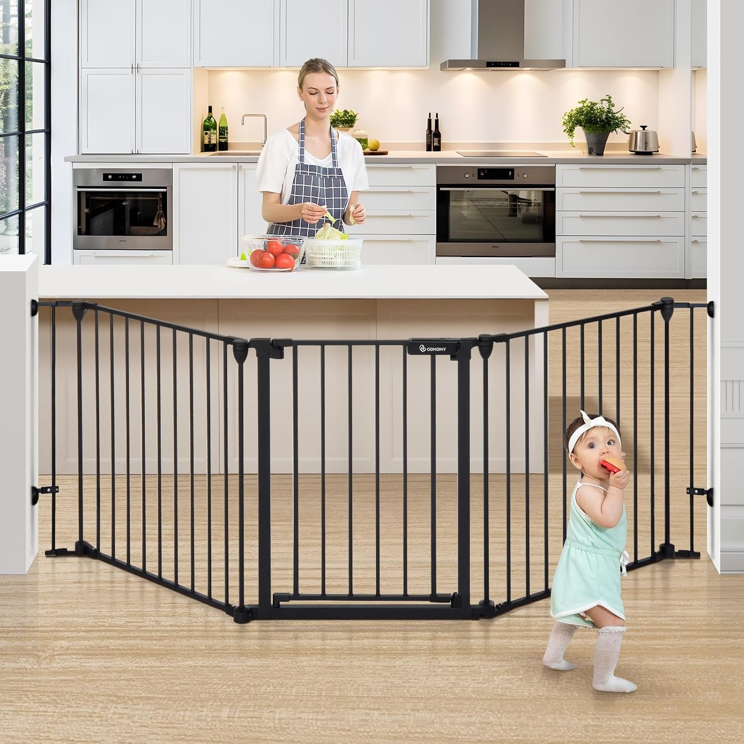 COMOMY 80″ Extra Wide Baby Gate, Dog Gate for House Stairs Doorways Fireplace, Auto Close Pet Gate with Door Walk Through, 3 Metal Panels, Hardware Mounted Baby Fence Indoor Outdoor(30″ Tall, Black)