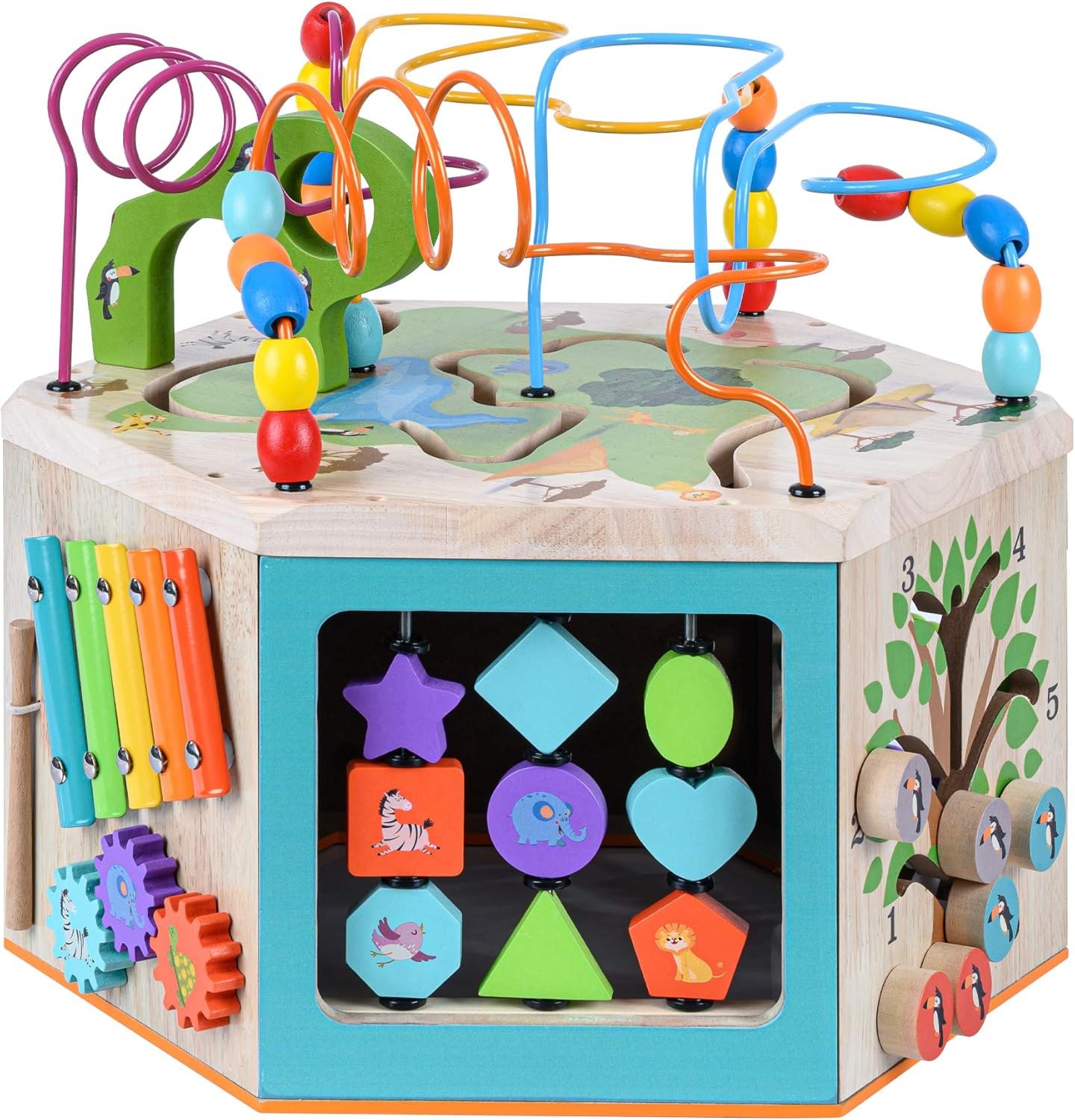 Teamson Kids Preschool Play Lab 7-in-1 Large Wooden Activity Cube Station Center Bead Maze and Counting for Kids Baby Toys, Natural | Large Station Center, Bead Maze, Counting for Kids Baby Toys, Natural