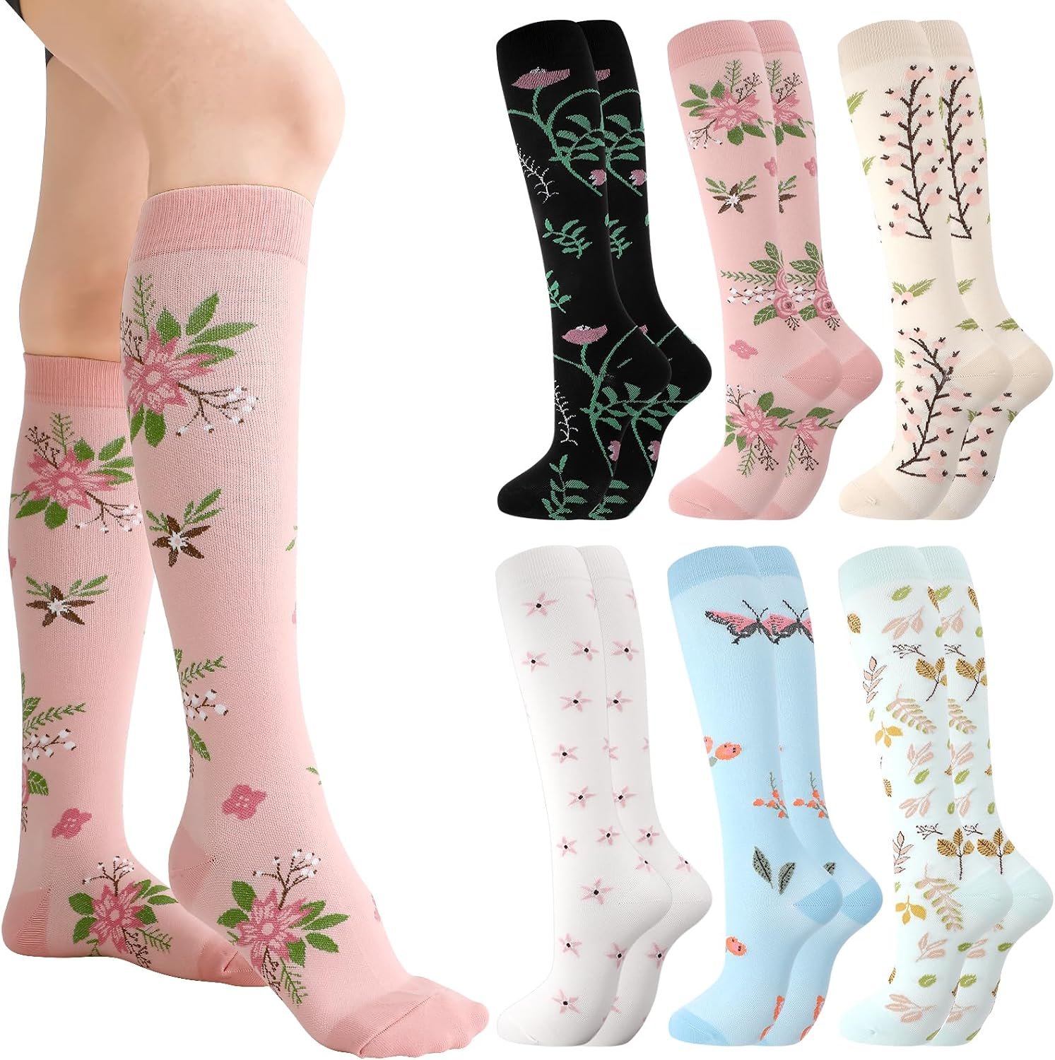 6/8 Pairs Compression Socks for Women Men Wide Calf Knee High Support Compression Socks for Circulation Support