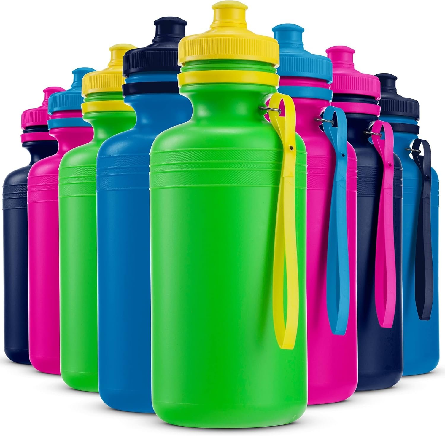 Bedwina Bulk Water Bottles For Kids – (Pack of 12) 18 Oz – 7.5 Inch BPA-Free Plastic with Pop-up Tops & Handles for Sports, Summer, Reusable Water Bottles Bulk For School