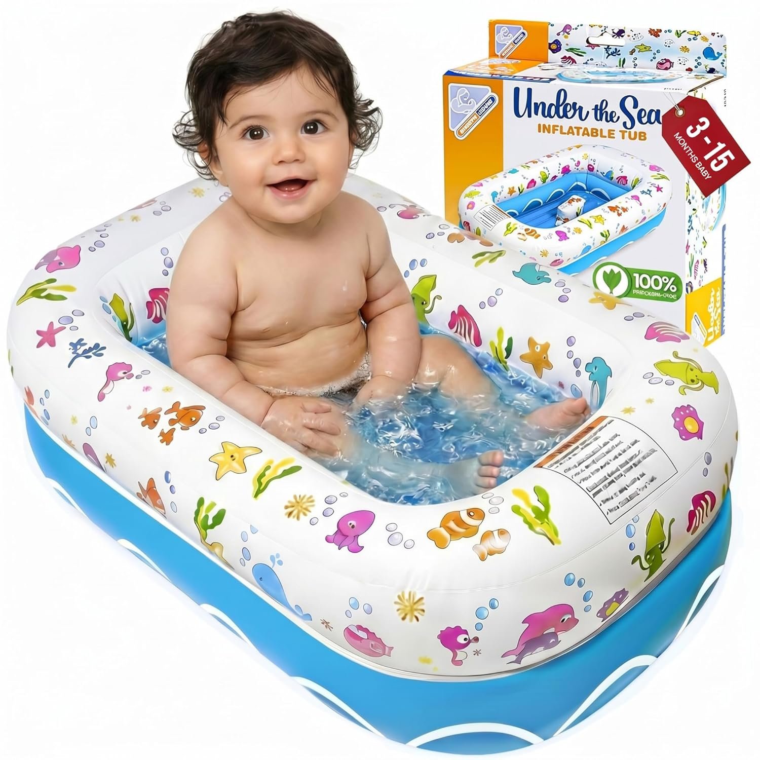 Mommy’s Helper | Inflatable Under The Sea Baby Bathtub, Collapsible Safe Baby Bath Tub with Anti-Sliding Saddle Horn Seat, Must Have Travel Toddler Bath, Portable Bathtub Recommended Months 3 to 15