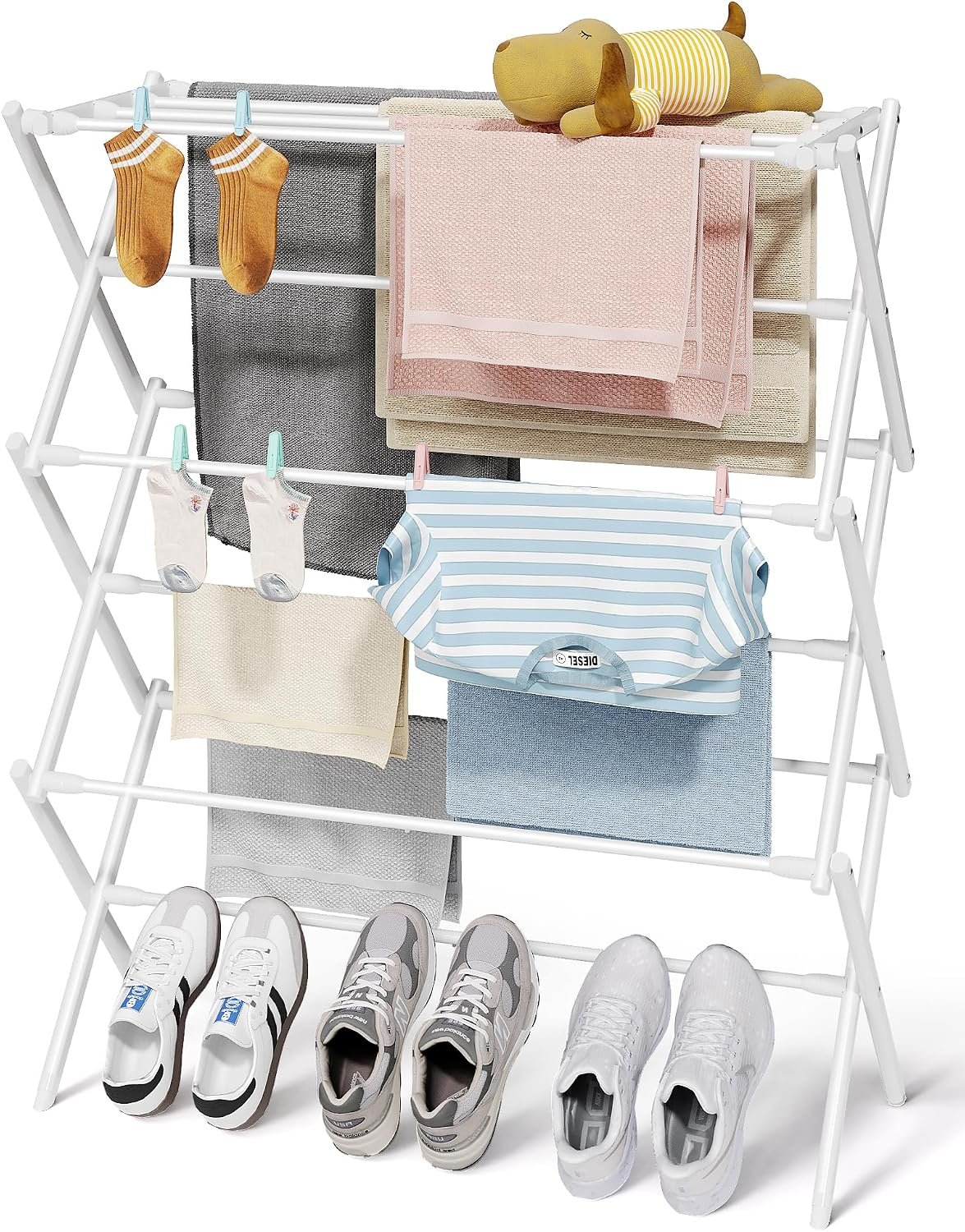 Sakugi Foldable Clothes Drying Rack – Metal Laundry Drying Rack with Non-Slip Feet, 3-Tier Space-Saving Clothing Rack for Organization, Indoor & Outdoor Use, 11.4″ D x 29.1″ W x 37.4″ H, White