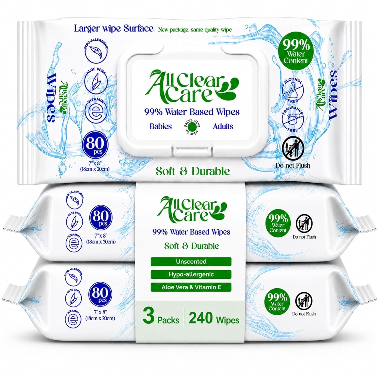 All Clear Care Baby Wipes, Unscented for Sensitive Skin, Large Soft Durable & 99% Water Based, Gentle & Hypoallergenic for Babies & Adults, Vitamin E and Aloe, Flip Top Lid, 3 Pack (240 Wipes)